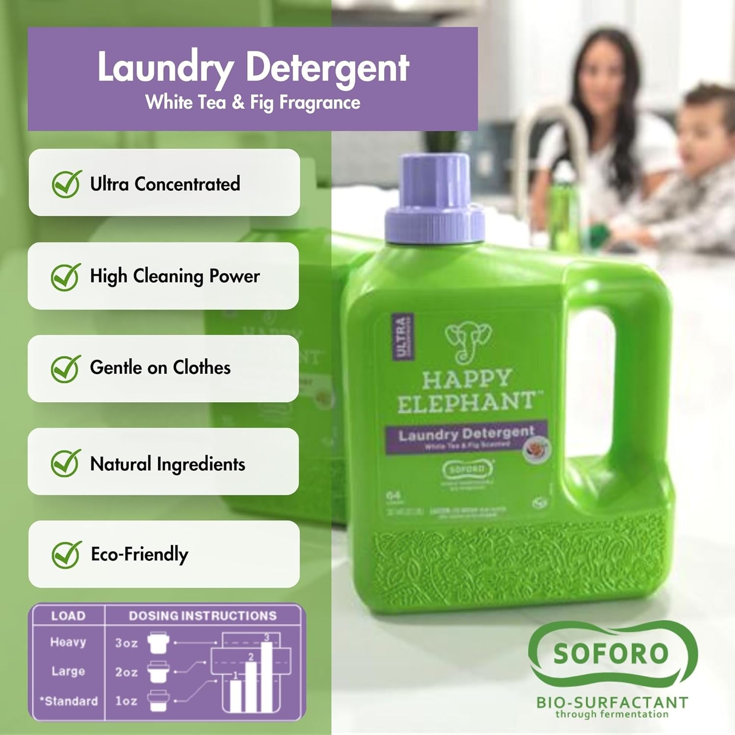 Happy Elephant Liquid Laundry Bundle, White Tea & Fig Scent, Natural Laundry Detergent & Fabric