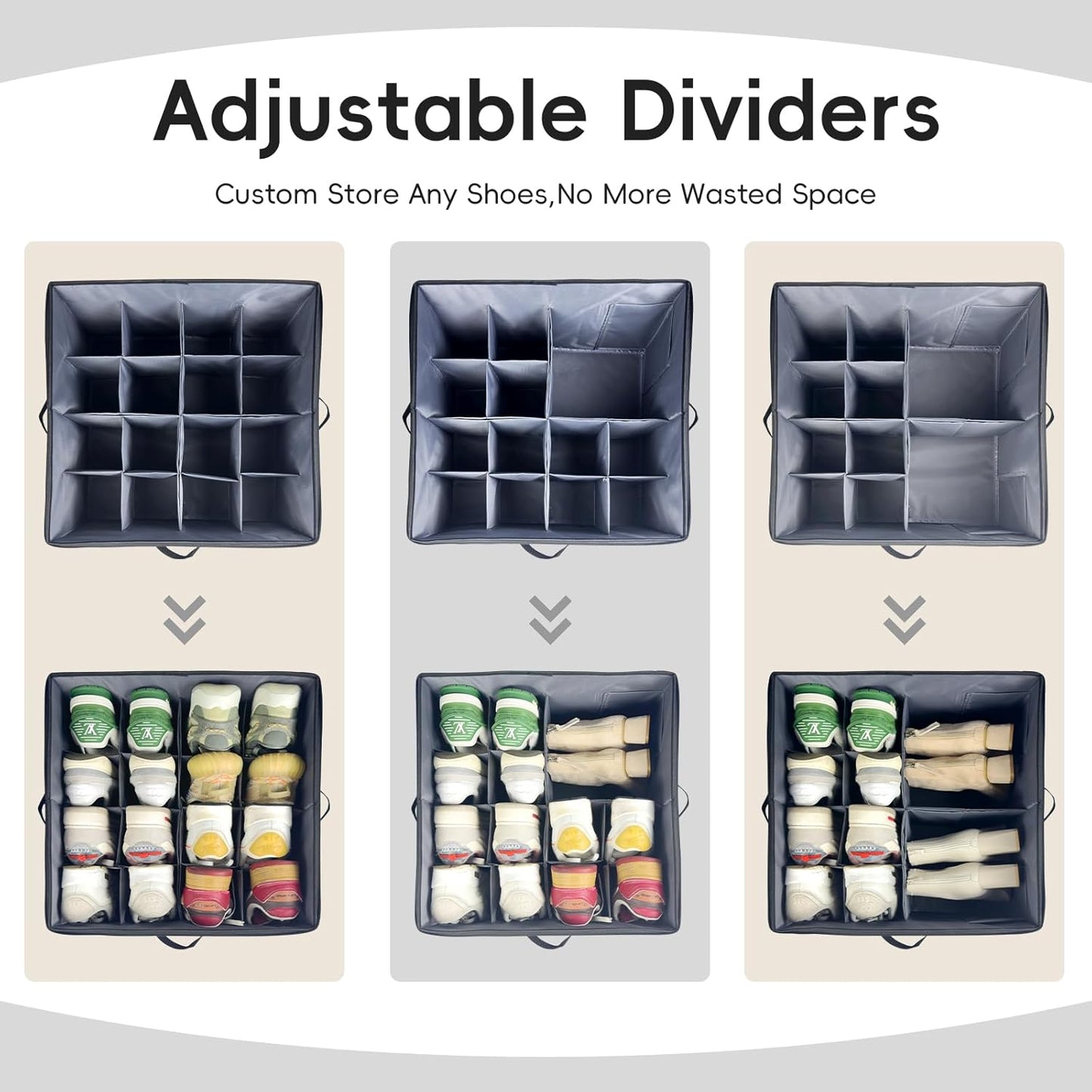 Shoe Organizer for Closet, 3 Pack Shoe Storage Bins with Clear Cover, Adjustable Dividers Fits