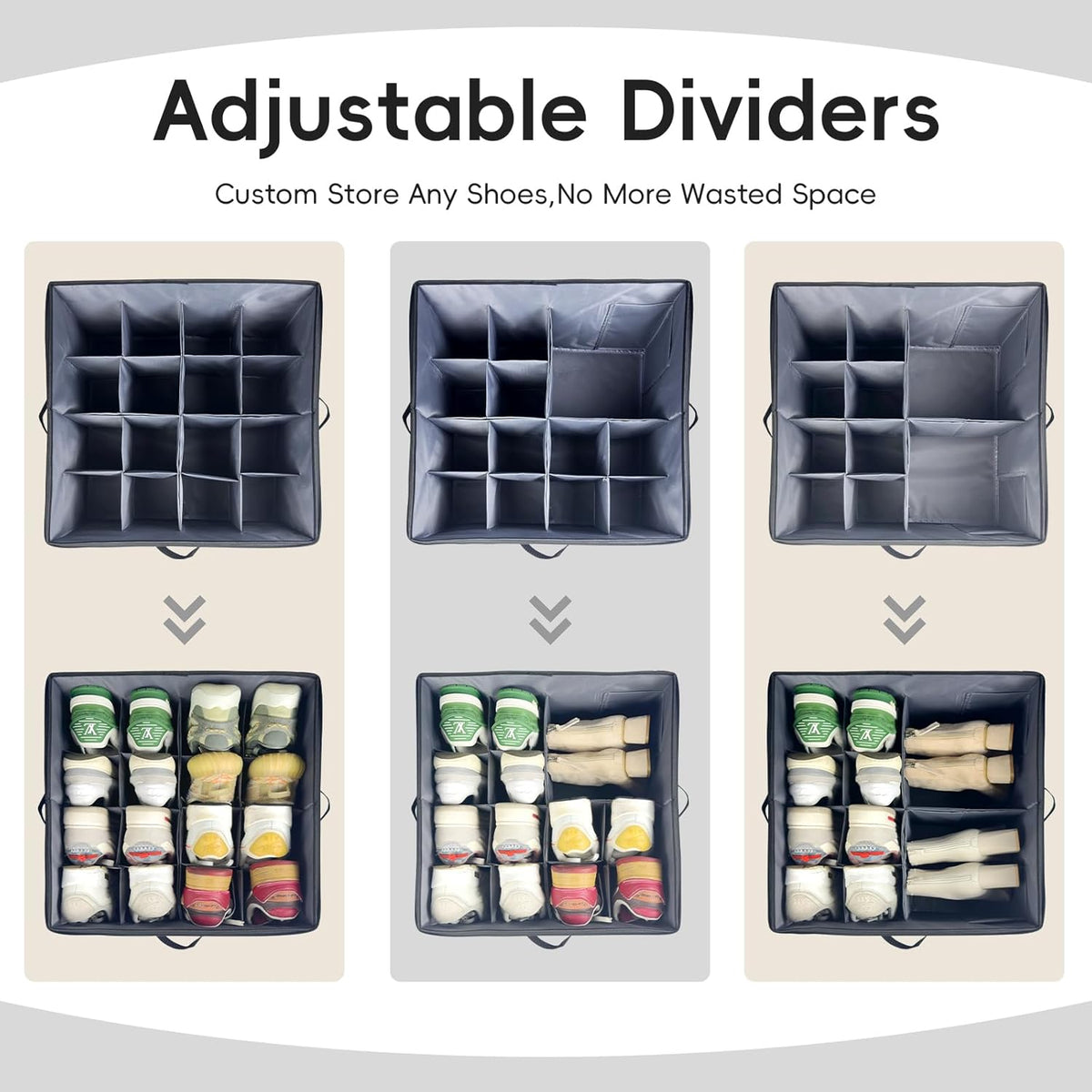 Shoe Organizer for Closet, 3 Pack Shoe Storage Bins with Clear Cover, Adjustable Dividers Fits