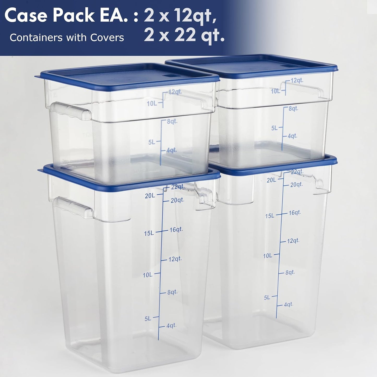 CURTA 4-Pack Food Storage Containers with Blue Lids - 12 Qt & 22 Qt Square Clear Polycarbonate