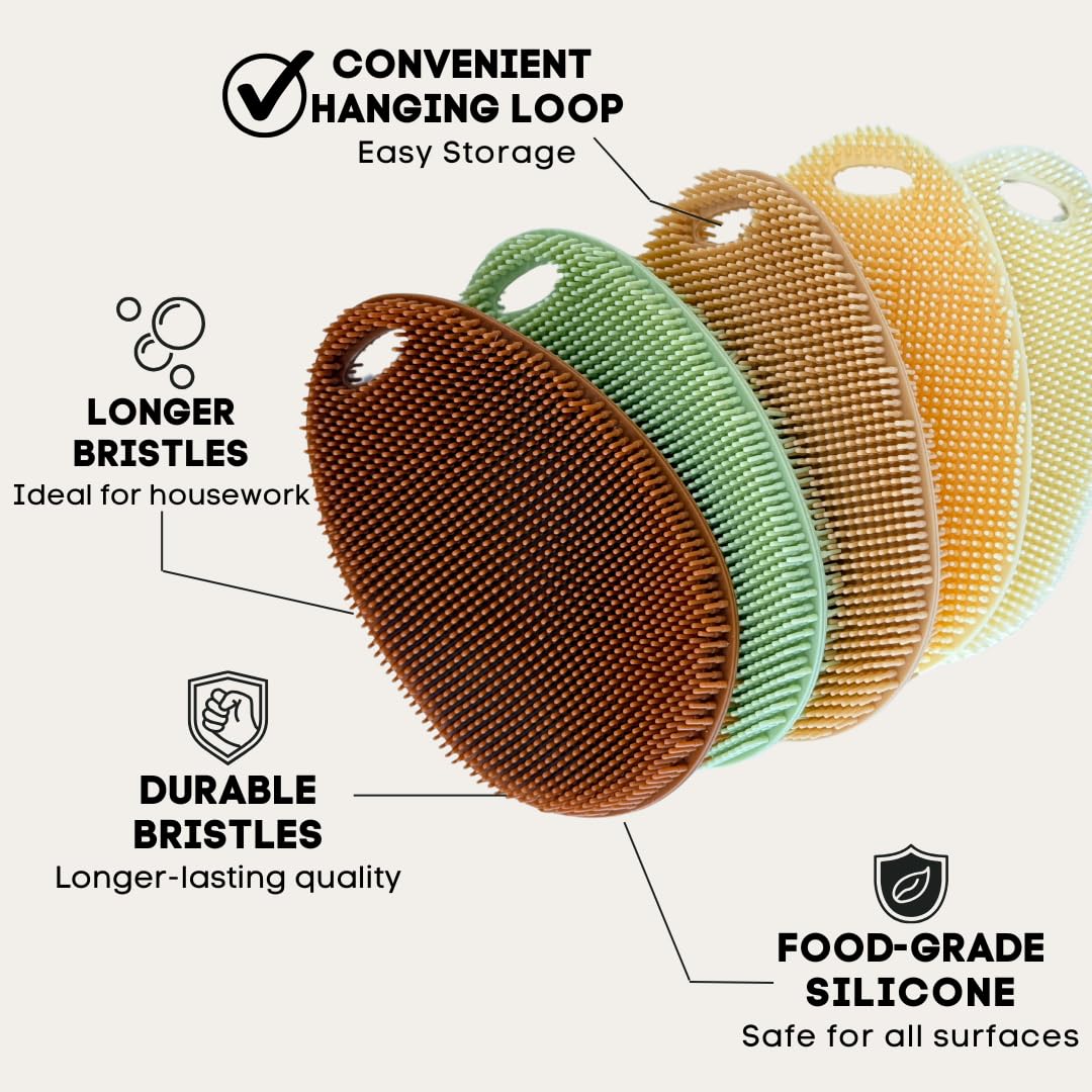 Silicone Dish Scrubber Set of 5 | Reusable Silicone Sponges for Dishes | BPA-Free Food Grade