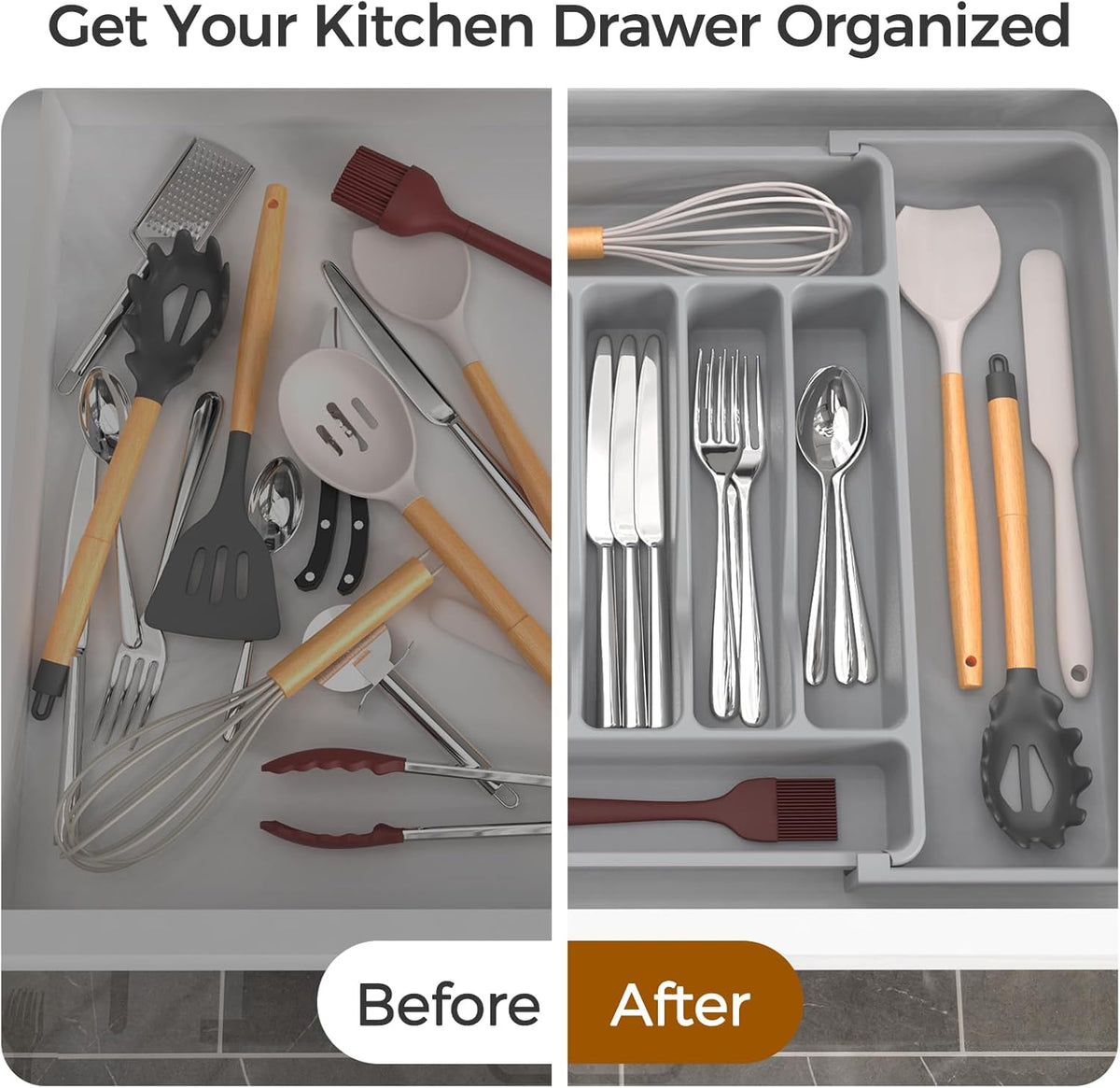 Extra Large Expandable Silverware Organizer, BPA-Free Food-Safe Cutlery Flatware Organizer, Kitchen