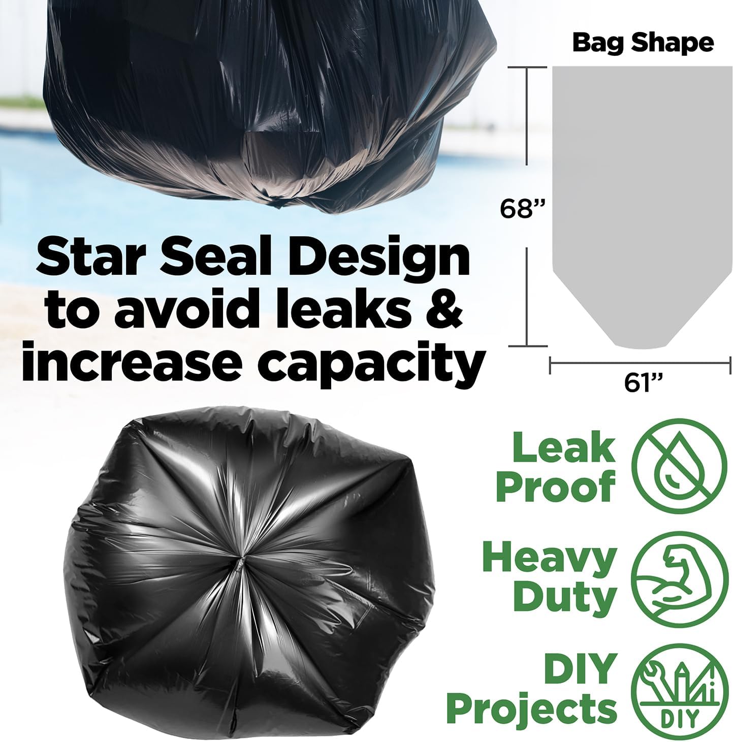 ToughBag 95-96 Gallon Trash Bags Heavy Duty, Black Garbage Bags (50 COUNT) Extra Large 90, 95, 96