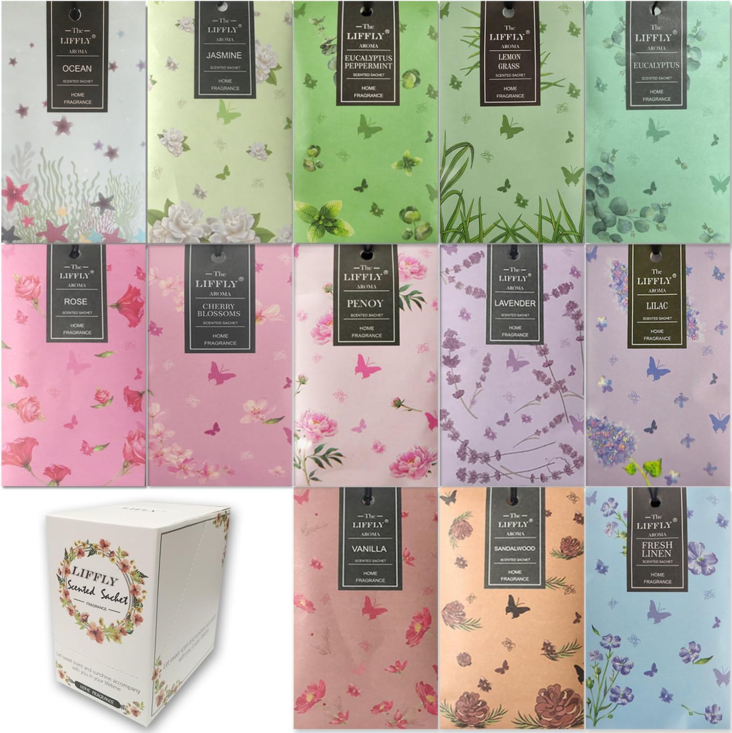 13 Scents Scented Sachets for Drawers and Closets 14 Packs Lavender Rose Jasmine Ocean Vanilla