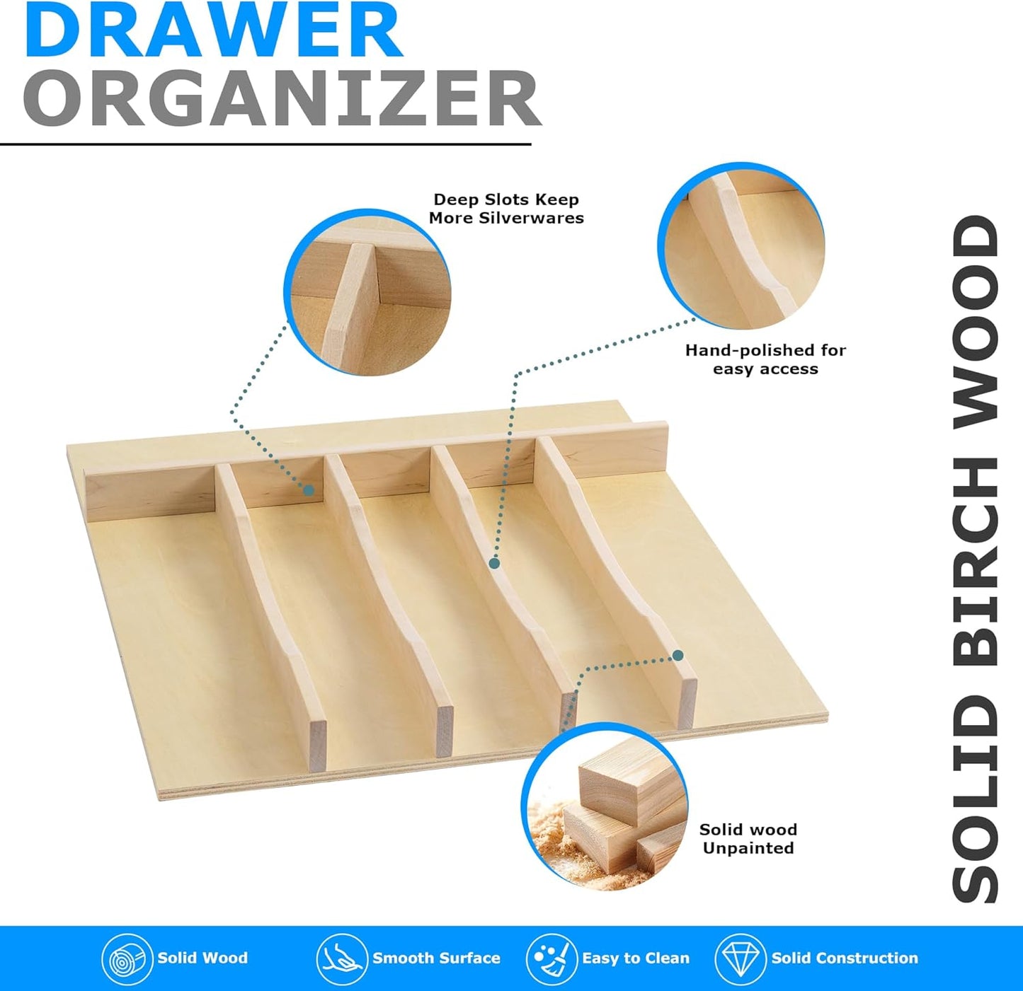 WelFurGeer Solid Birch Wood Silverware Drawer Organizer, Wooden Cutlery Drawer Organizer, Utensil