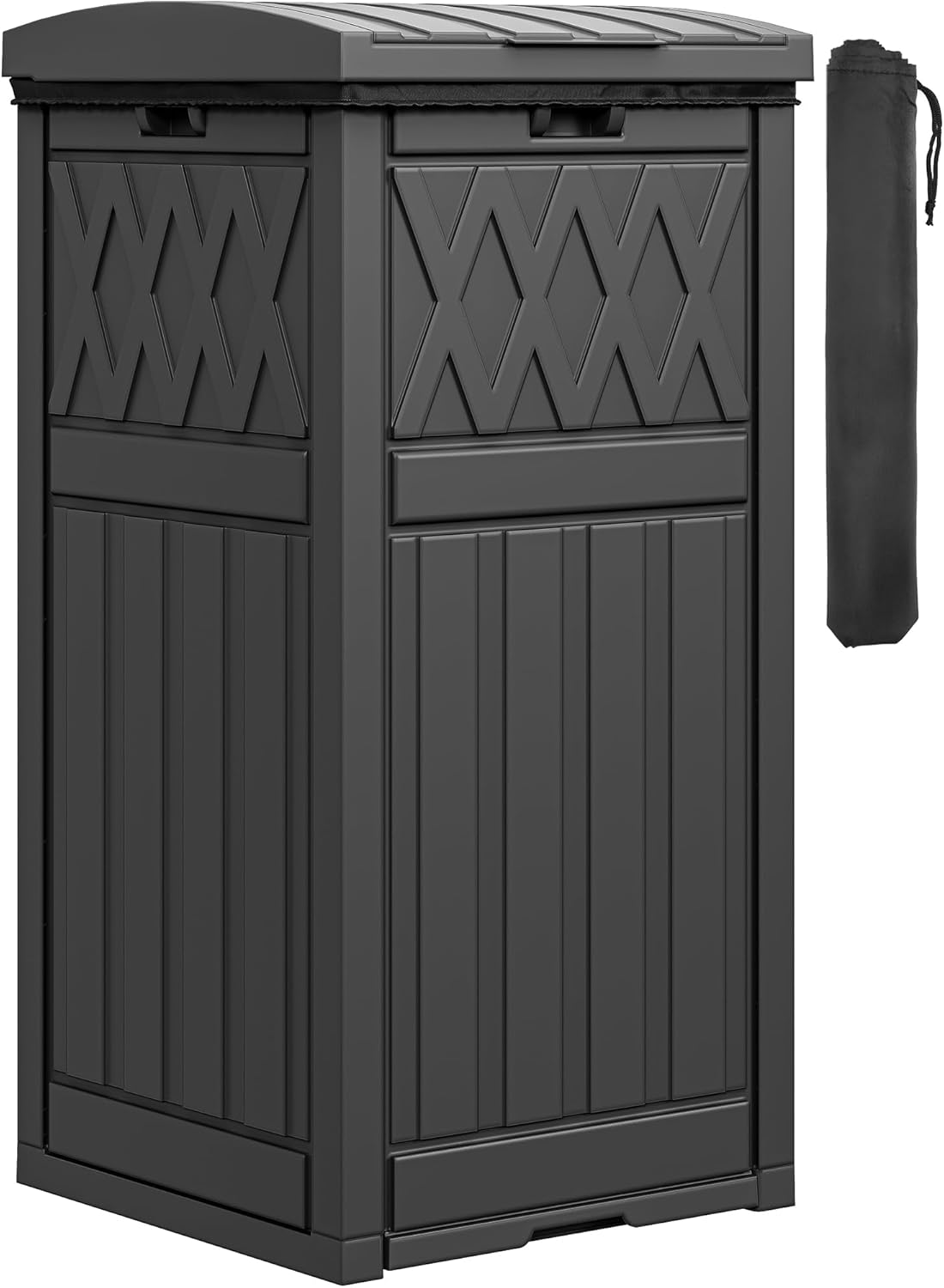 DWVO 36-Gallon Outdoor Trash Can with Fabric Bag, Tiered Lid & Drip Tray, Waterproof Resin Garbage