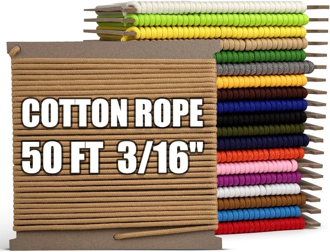PerkHomy 500lb Cotton Rope 3/16" (5mm) 50 ft Multi Purpose Utility Diamond Braided Cord, Natural