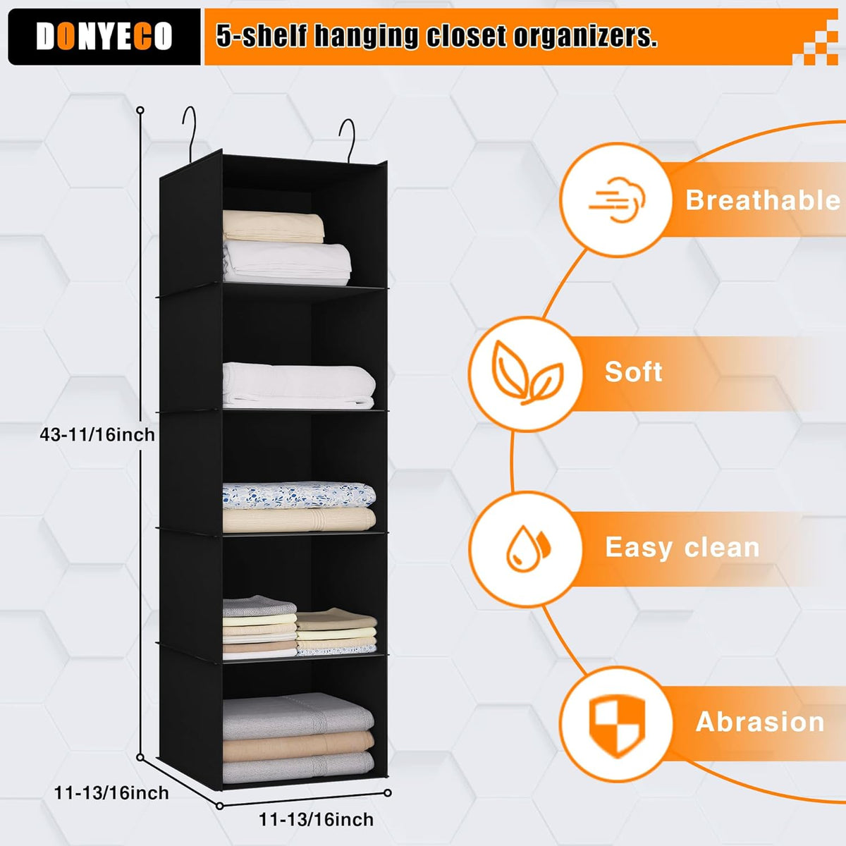 Hanging Closet Organizer and Storage 5-Shelf, Easy Mount Foldable Hanging Closet Wardrobe Shelves