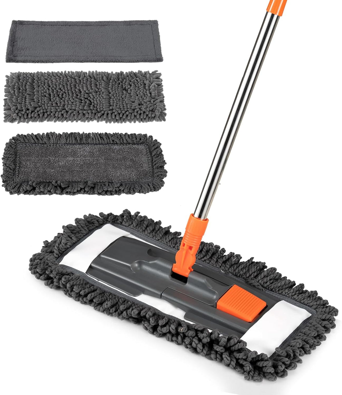 Dust Mop for Floor Cleaning with 3 Washable Pads (Chenille, Terry Cloth, Microfiber) and 55” Long