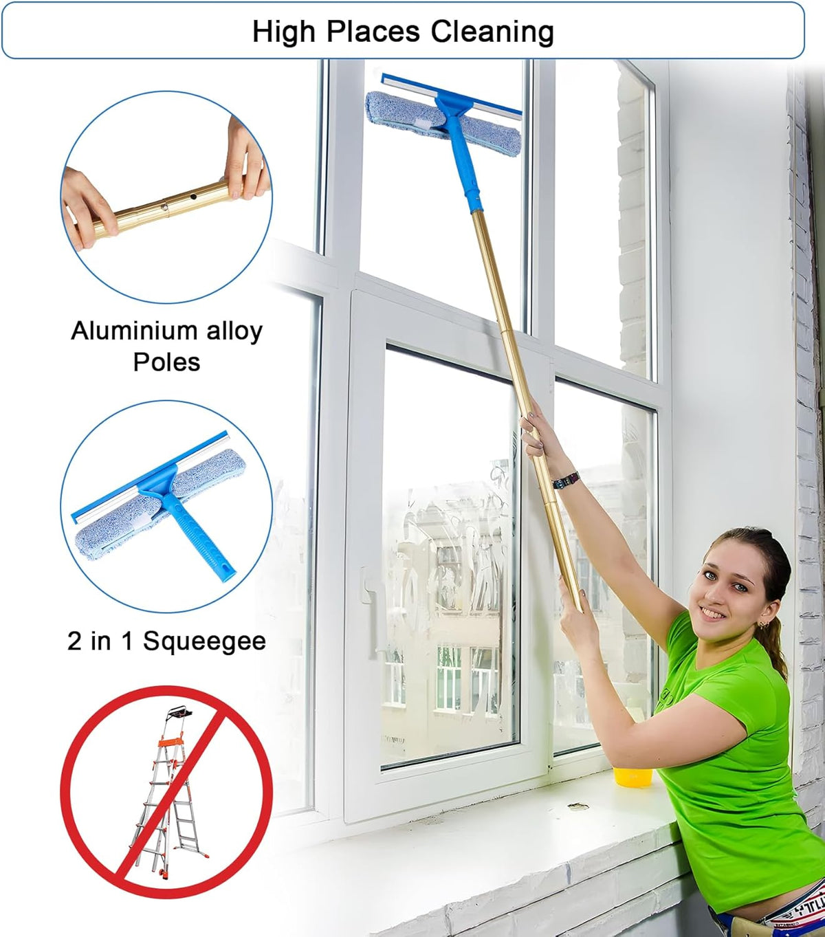 2 in 1 Window Squeegee Cleaning Kit with Aluminum Alloy Extension Poles, Scrubber, Glass Scrapper