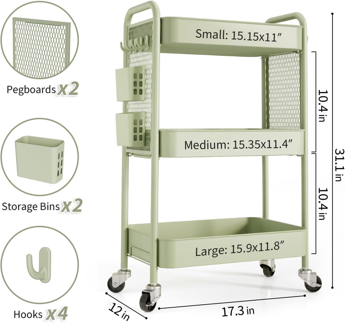 TOOLF 3 Tier Rolling Cart Storage Organizer, Metal Rolling Utility Cart with Wheels, Hooks & Bins