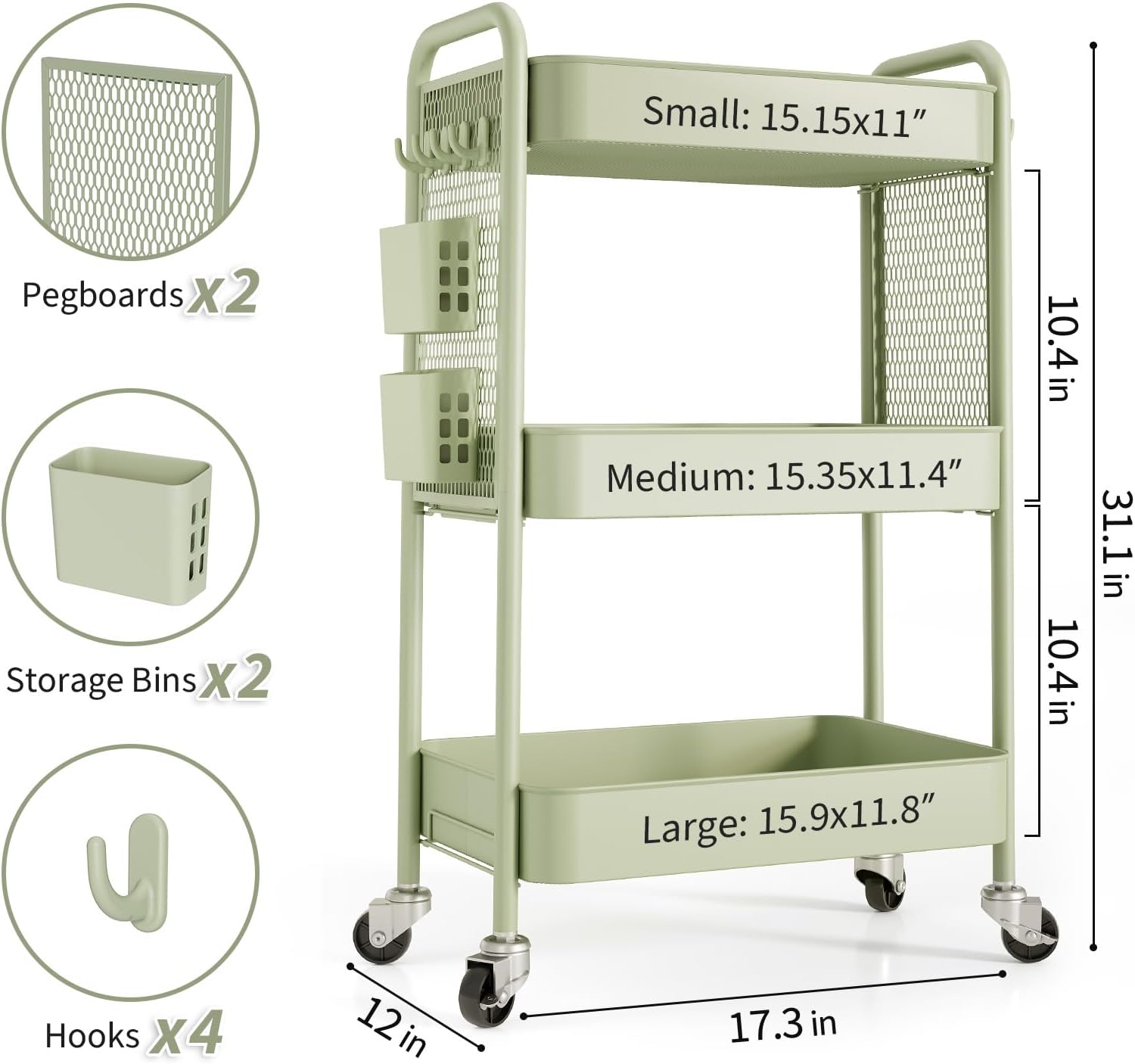 TOOLF 3 Tier Rolling Cart Storage Organizer, Metal Rolling Utility Cart with Wheels, Hooks & Bins