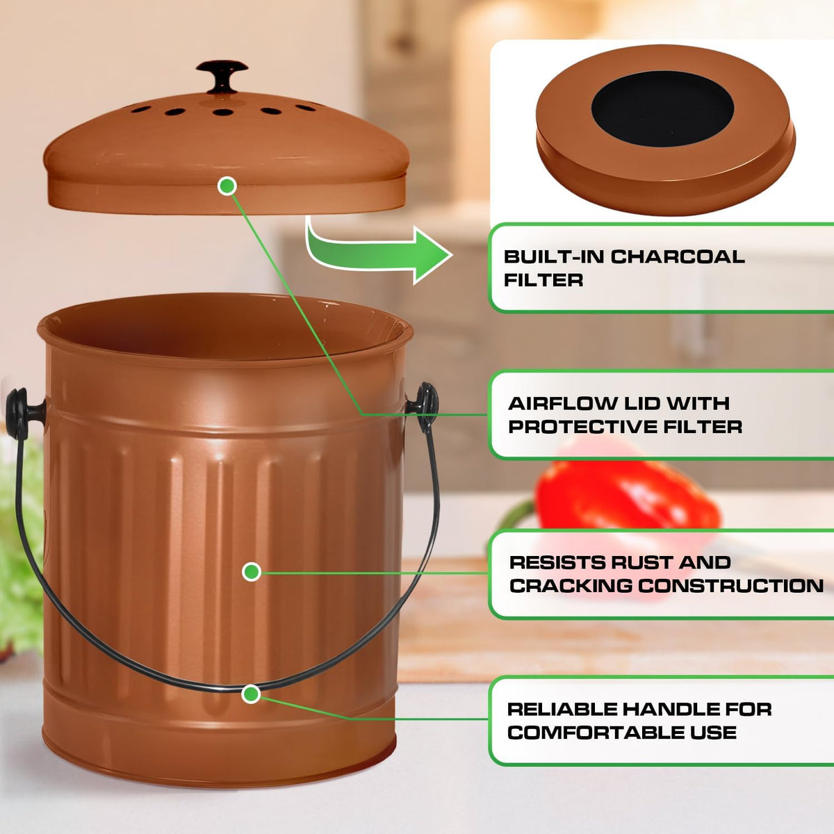 Plexon Countertop Compost Bin Kitchen Indoor, with Lid, Copper 1.5 Gallon Odorless Kitchen Compost