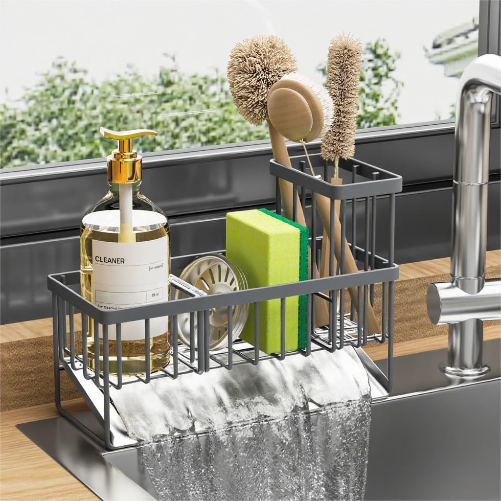 Cisily Sink Caddy Organzier with High Brush Holder, Sponge Holder for Sink, 304 Rustproof