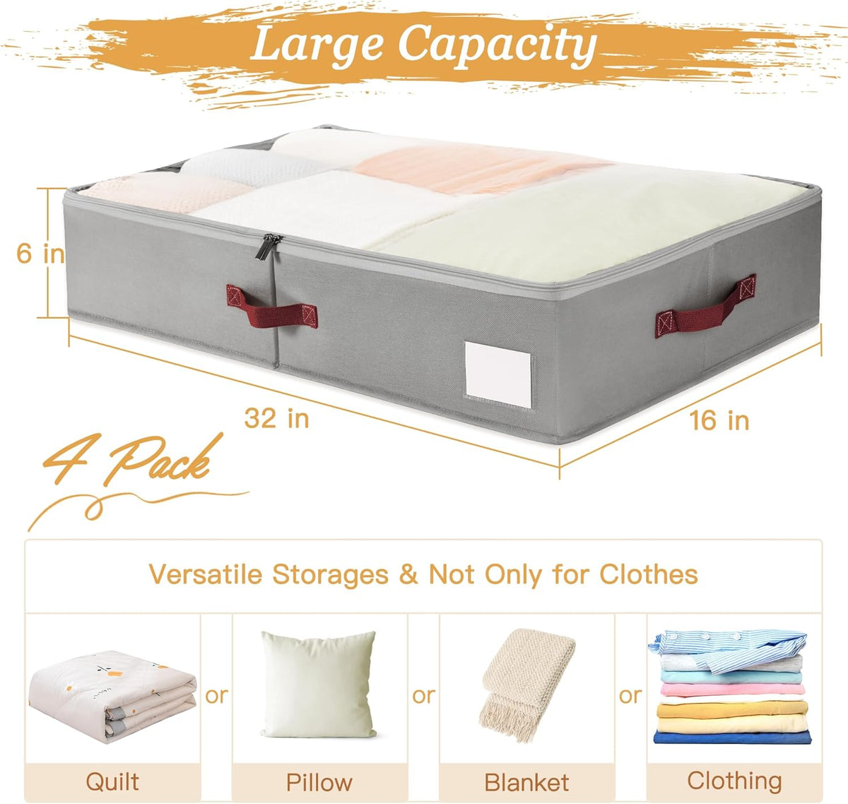 Criusia Under Bed Storage Bins with Clear PVC Lids – 4 Pack Large Underbed Organizers with