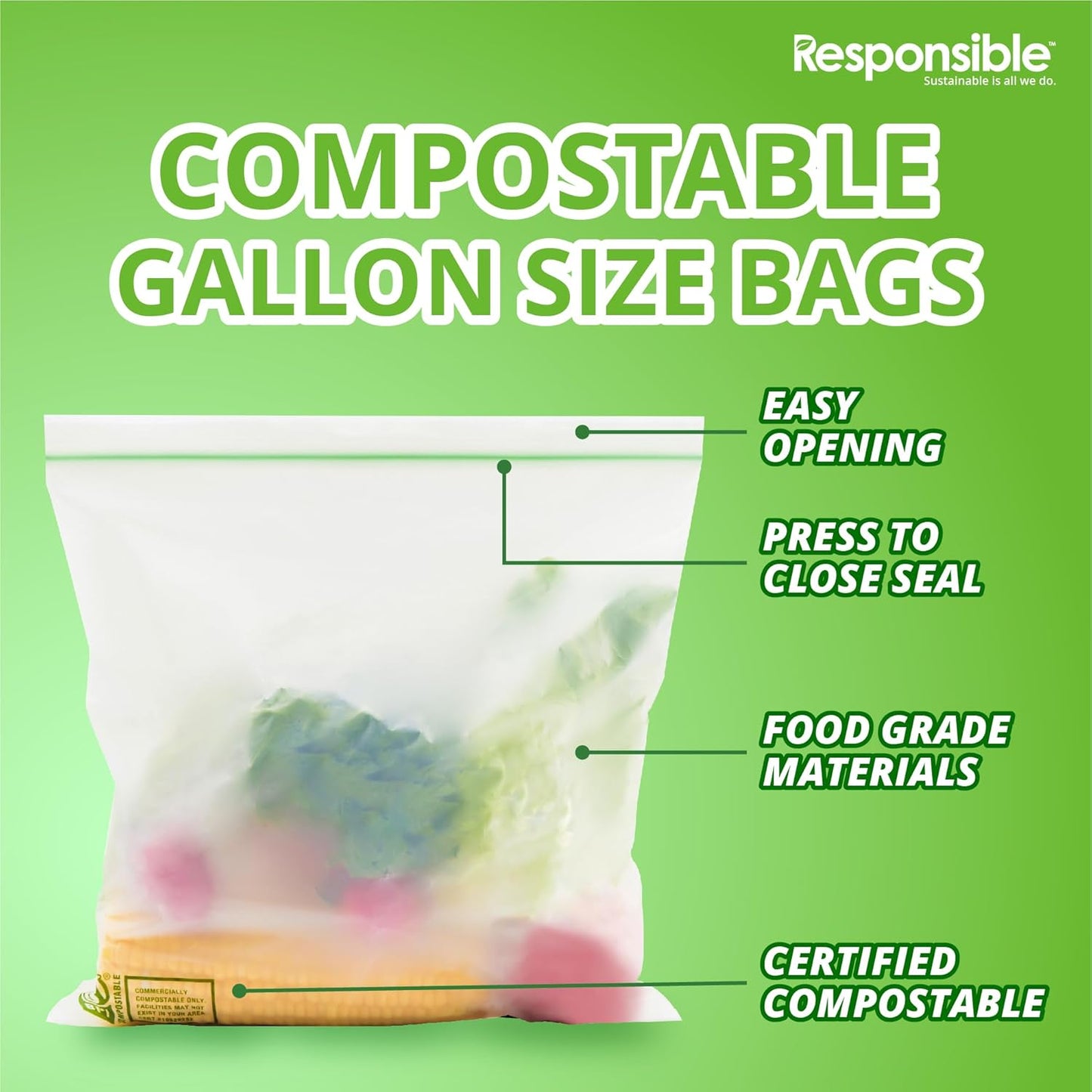 Certified Compostable Large GALLON Resealable Zip Bag, Extra Strength Food Bags, Made from Plant