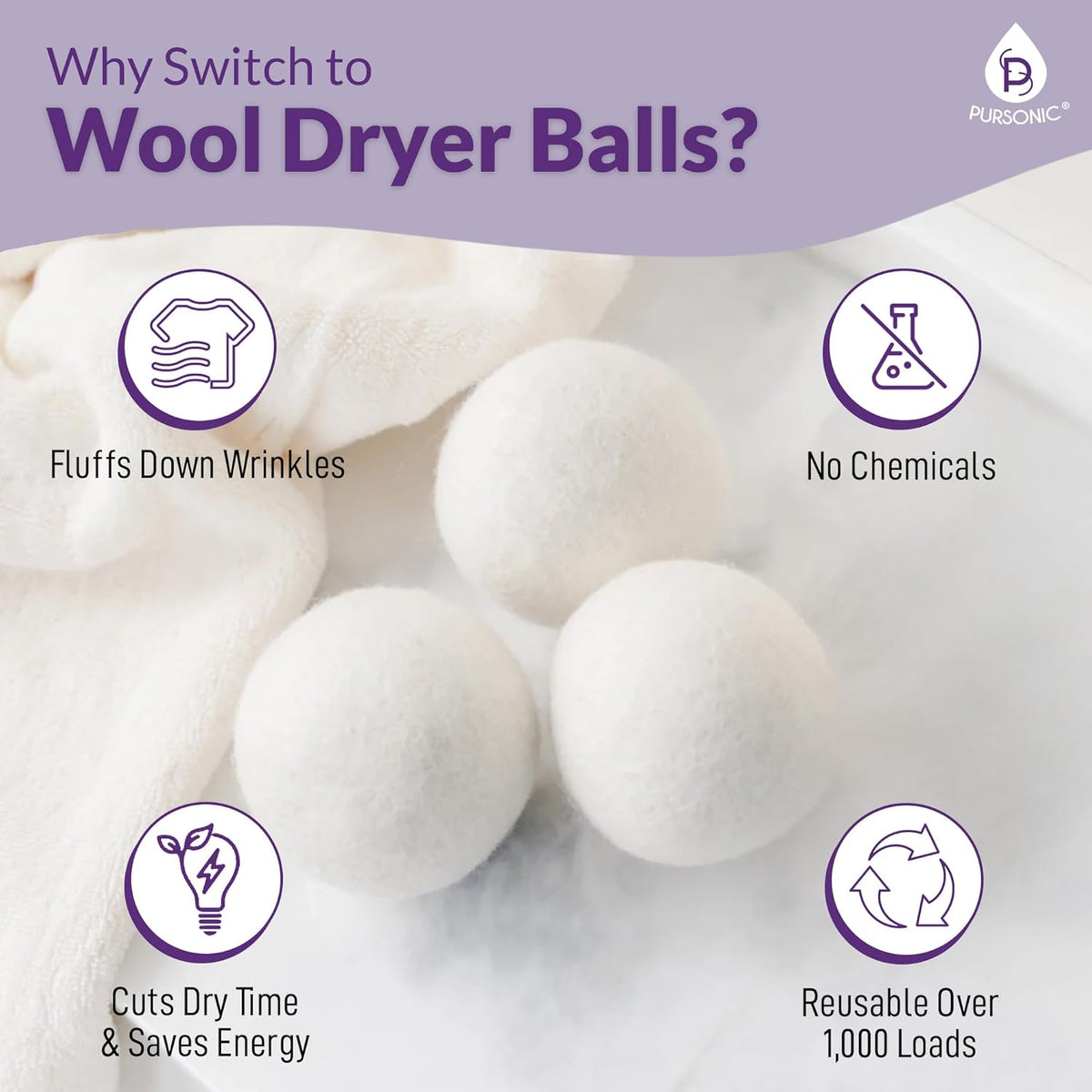 Pursonic 4-Pack Laundry Wool Dryer Balls with Lavender & Peppermint Essential Oil Scent - Reusable