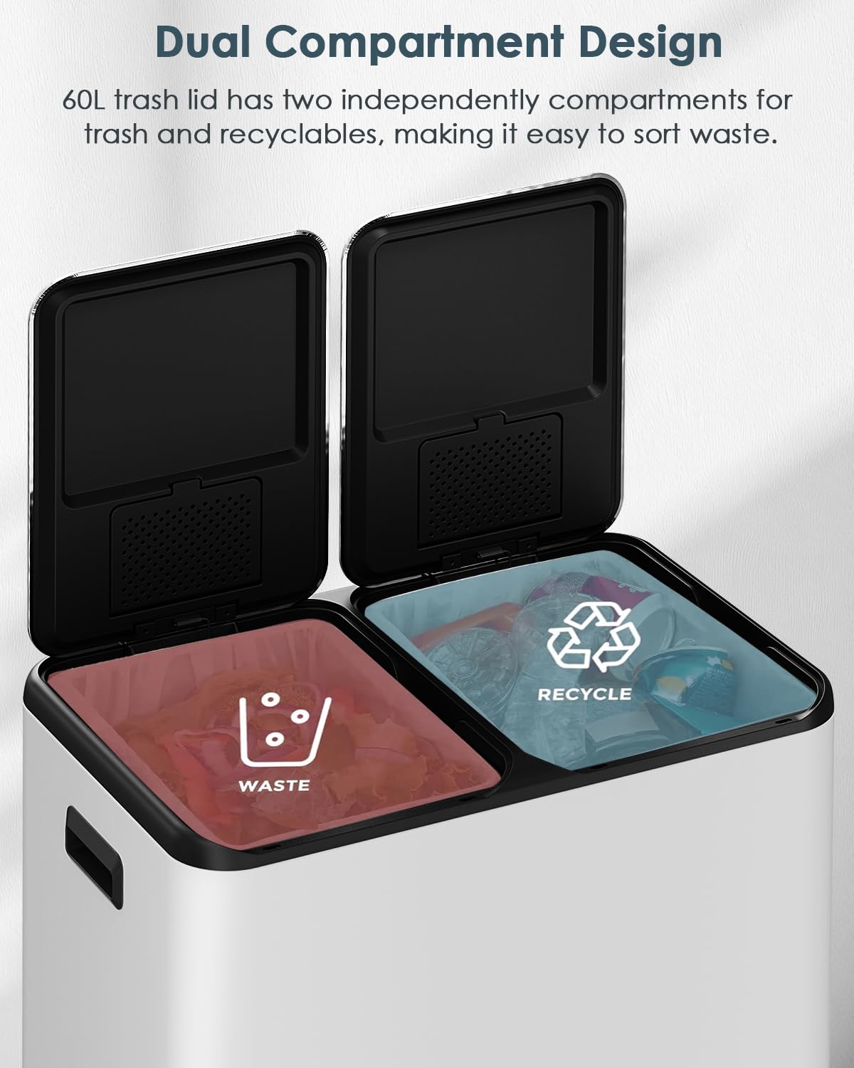 Arlopu 16Gal Dual Trash Can w/2 Built-in Box for Odor Control, Hands-Free Kitchen Garbage Bin