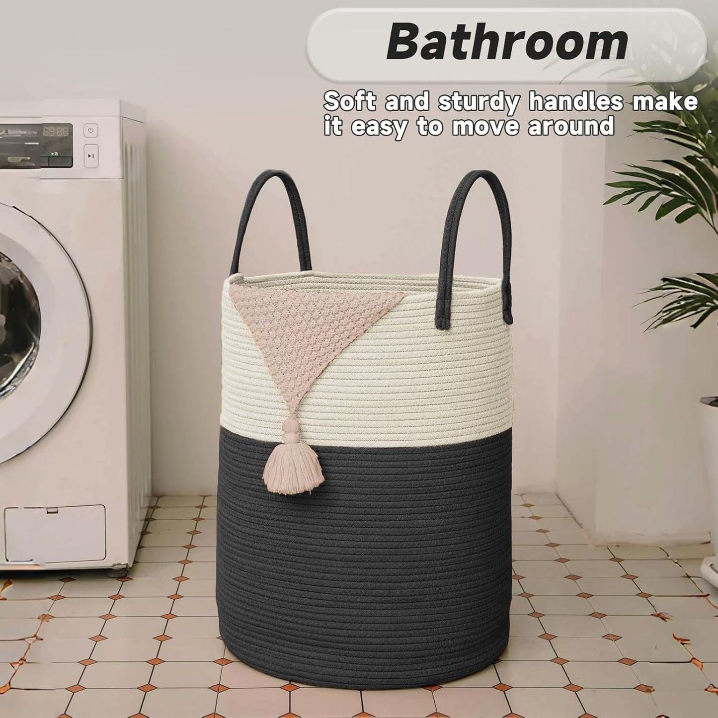 Large Woven Laundry Basket Hamper,60L Cotton Rope Storage Bin for Blankets,Toys and