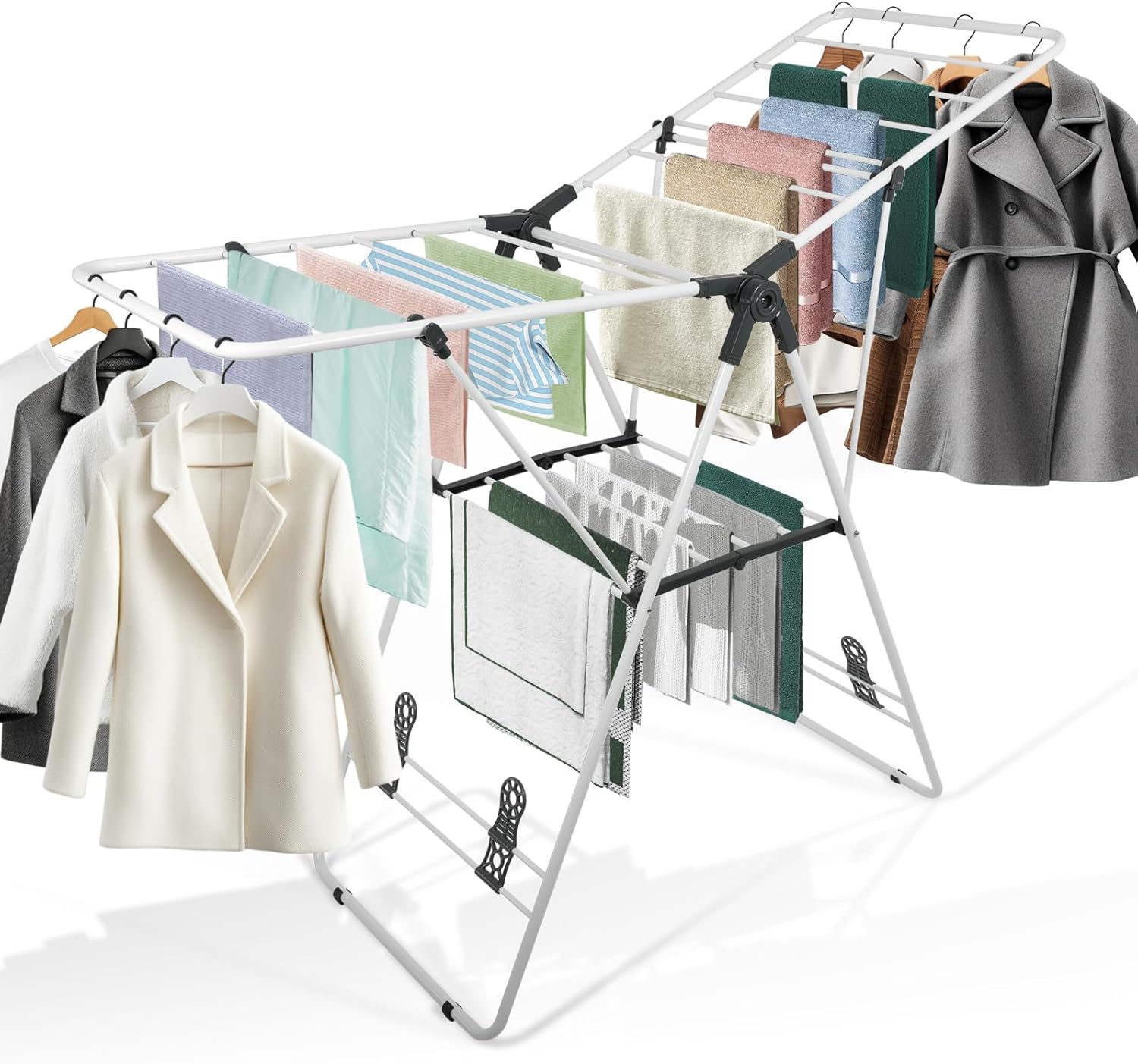 Clothes Drying Rack Foldable, Metal Laundry Drying Rack, with Height-Adjustable Wings, Space