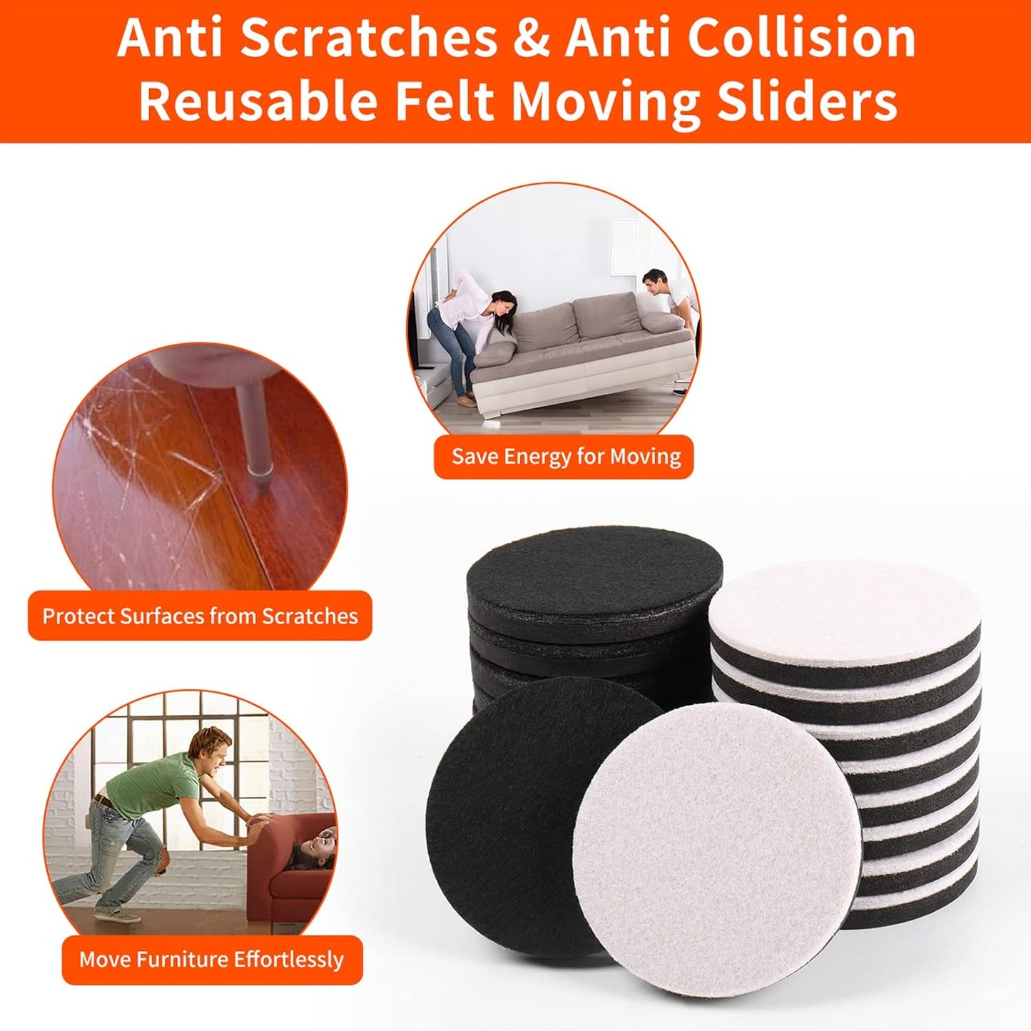 Ezprotekt 3.5" Felt Furniture Movers Sliders for Hardwood & Vinyl Floors, 16 Pcs Round Reusable