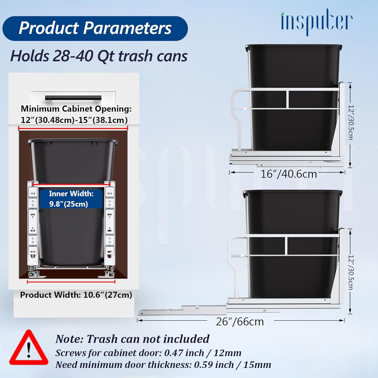 Insputer Pull Out Trash Can Under Cabinet with Soft-Close Slides, Heavy Duty Under Sink Trash Can