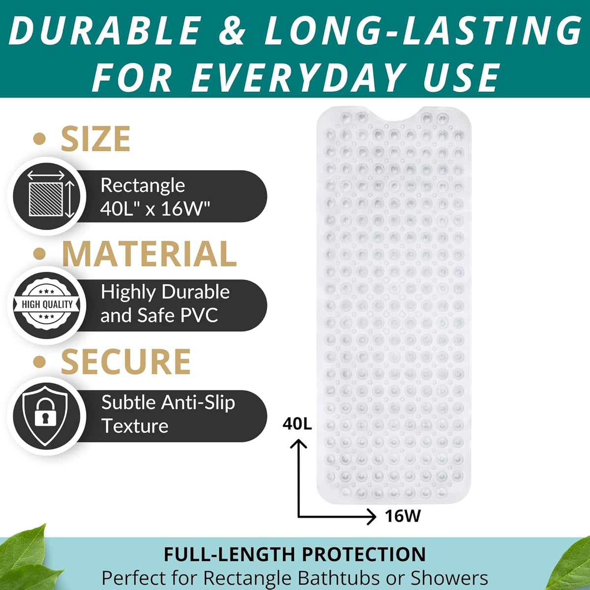 ENKOSI Bath Mat – 40 x 16 Inch Extra Long Non Slip Bathtub Mat – Anti Slip Clear Shower Mat with