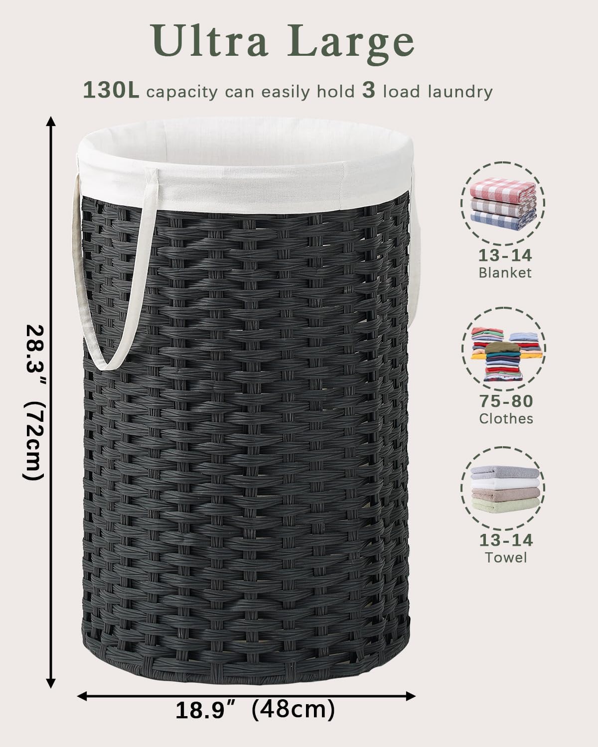 34.3 Gal (130 L) Large Laundry Hamper Laundry Basket Round Handwoven Wicker Laundry Baskets Rattan