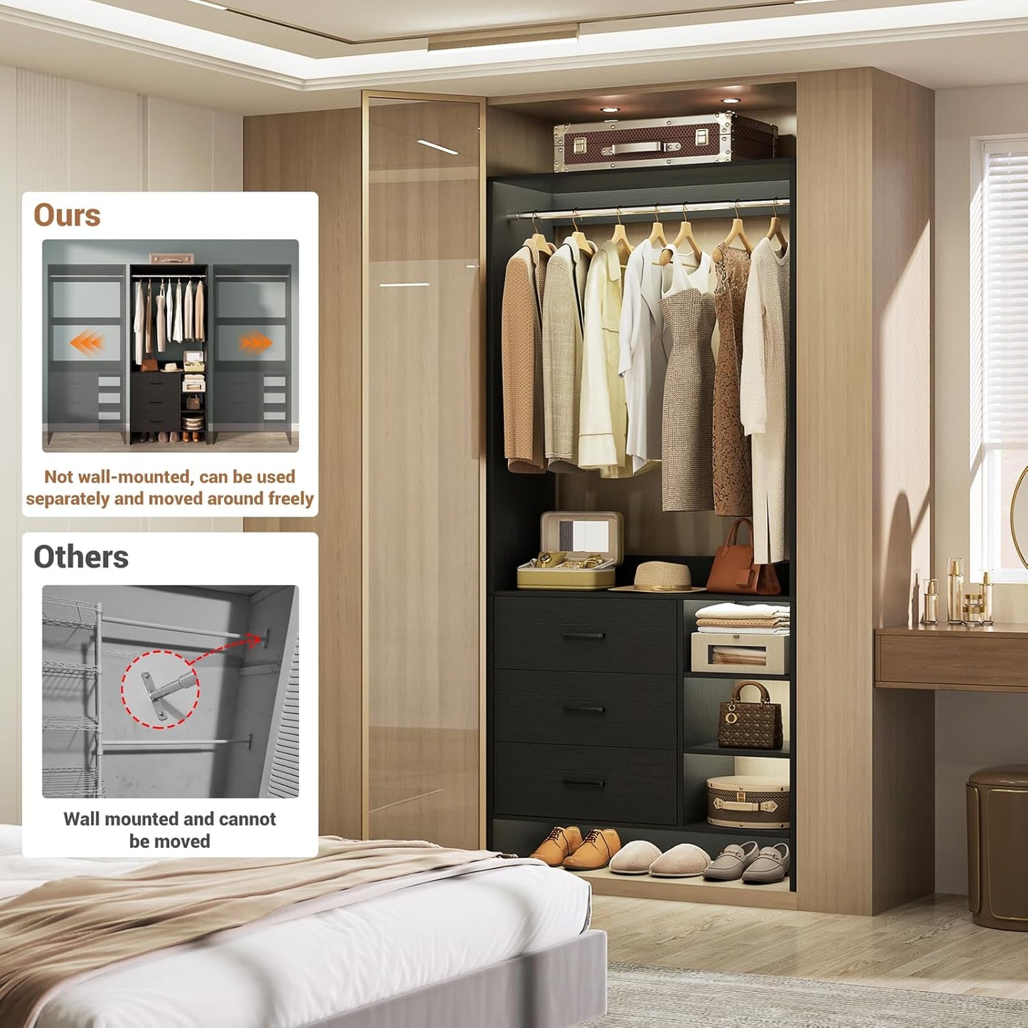 Aheaplus 2.5FT Closet System with 3 Drawers, 29.5’’ Closet Organizer, Wood Closet Organizer System