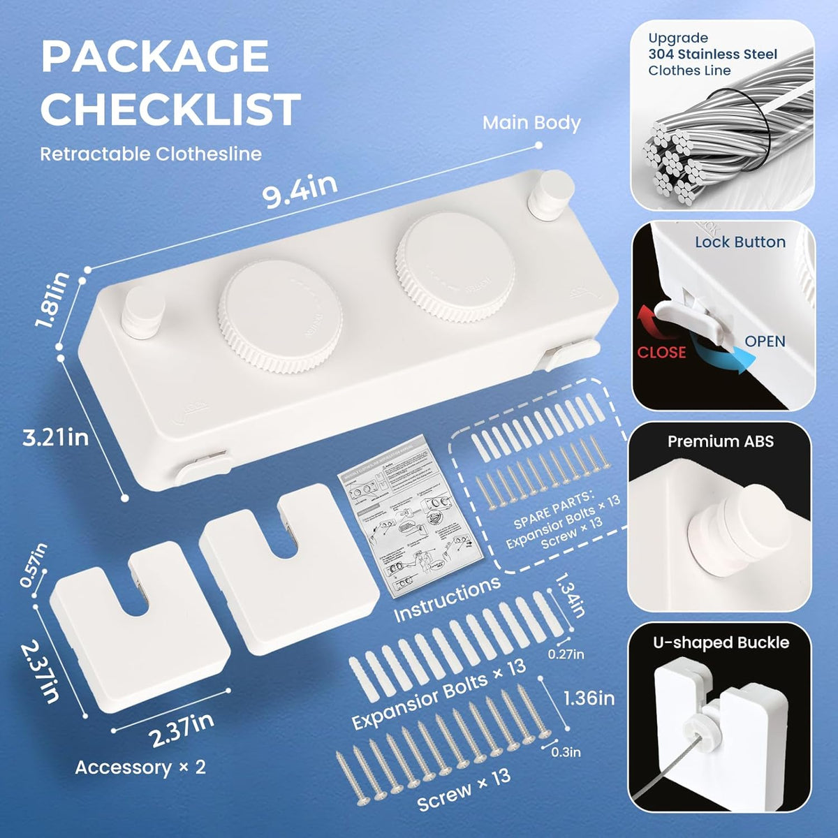 Retractable Clothesline Indoor Outside Heavy-Duty, Upgrade 304 Double Stainless Steel Shower Room