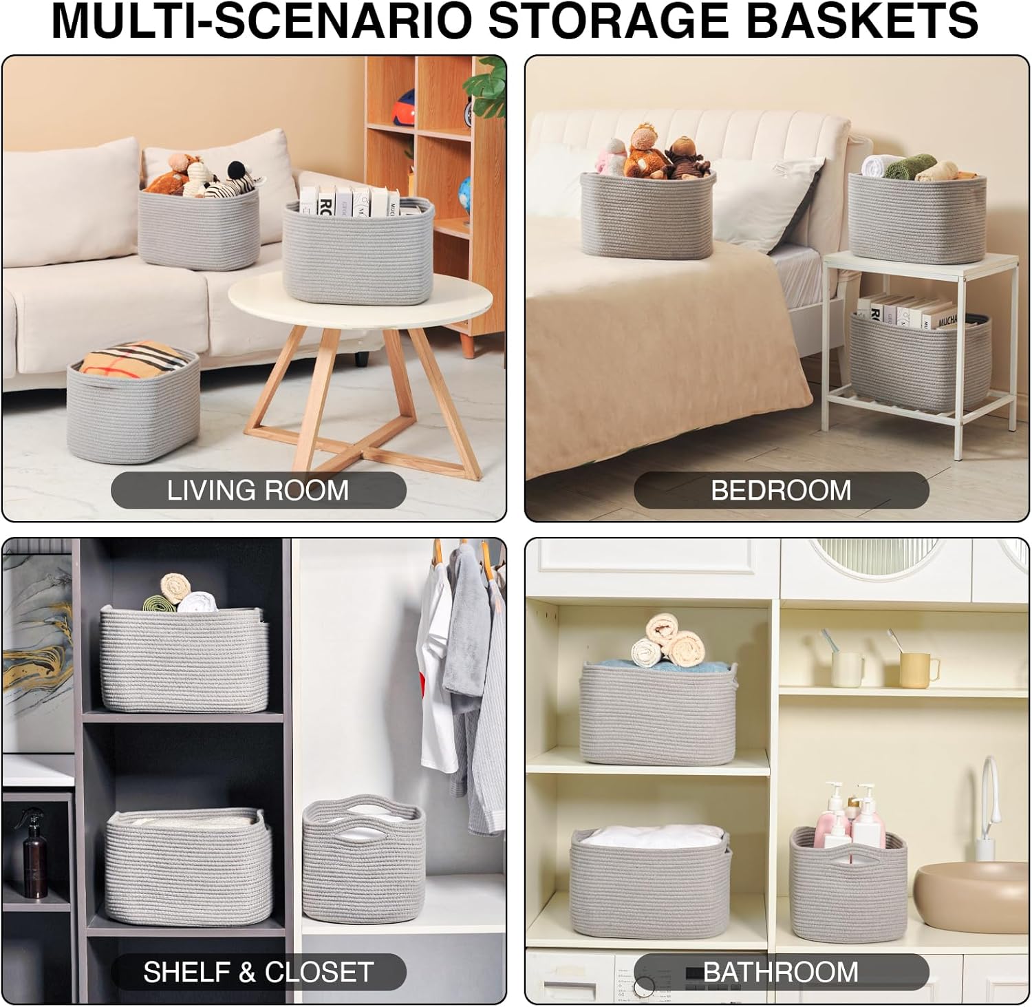 Storage Baskets for Organizing Shelves, Woven Cotton Rope Bins for Baby Nursery Organization, Book