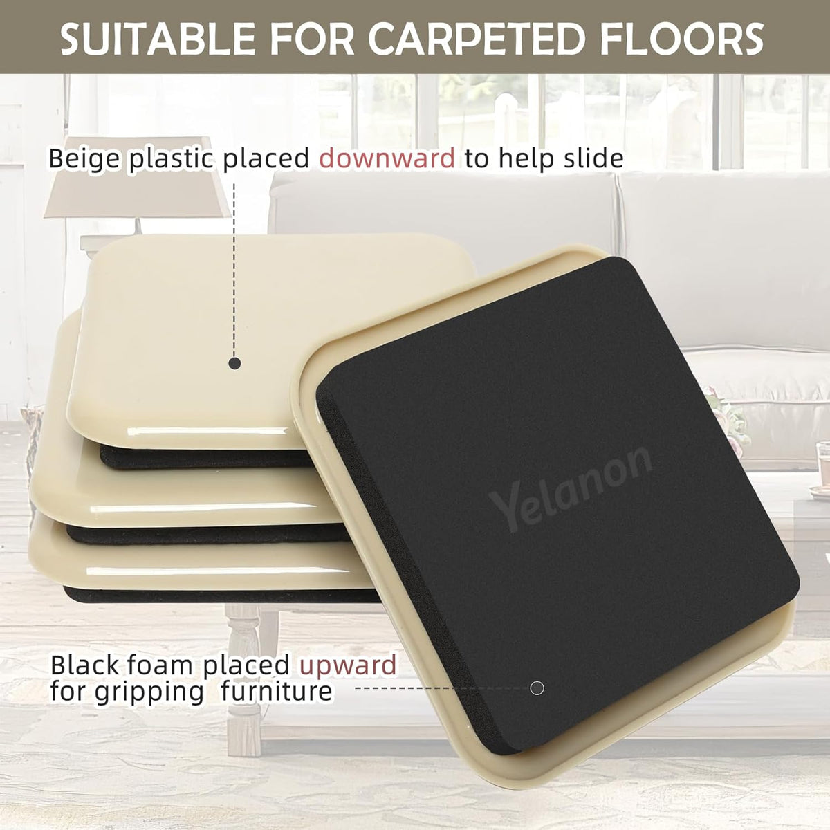 Yelanon Furniture Sliders, 20 pcs-3 1/2” Square Beige Furniture Sliders for Carpet, Furniture Pads