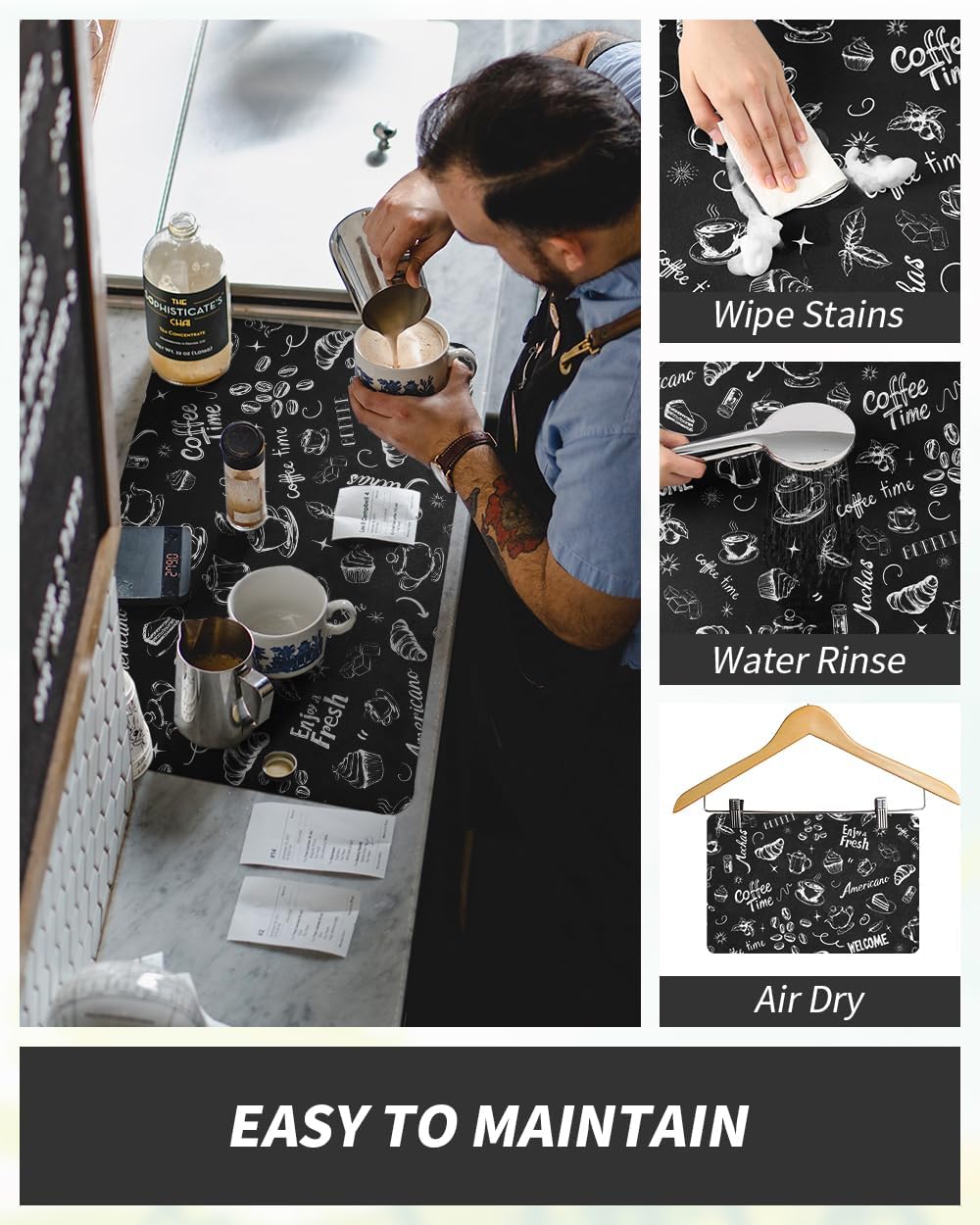 AMOAMI Coffee Mat Hide Stain Rubber Backed Absorbent Dish Drying Mat for Kitchen Counter - Fits