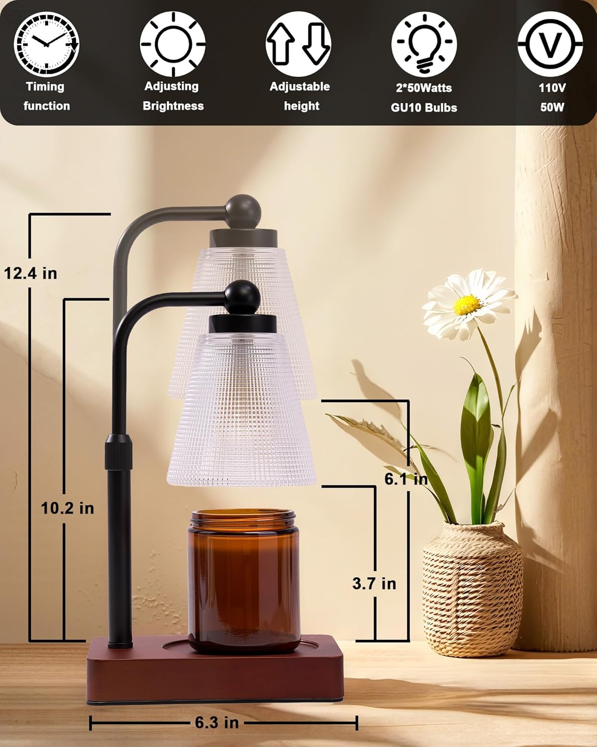 Candle Warmer Lamp - Electric Candle Warmer with Timer, Adjustable Height & Brightness, 2