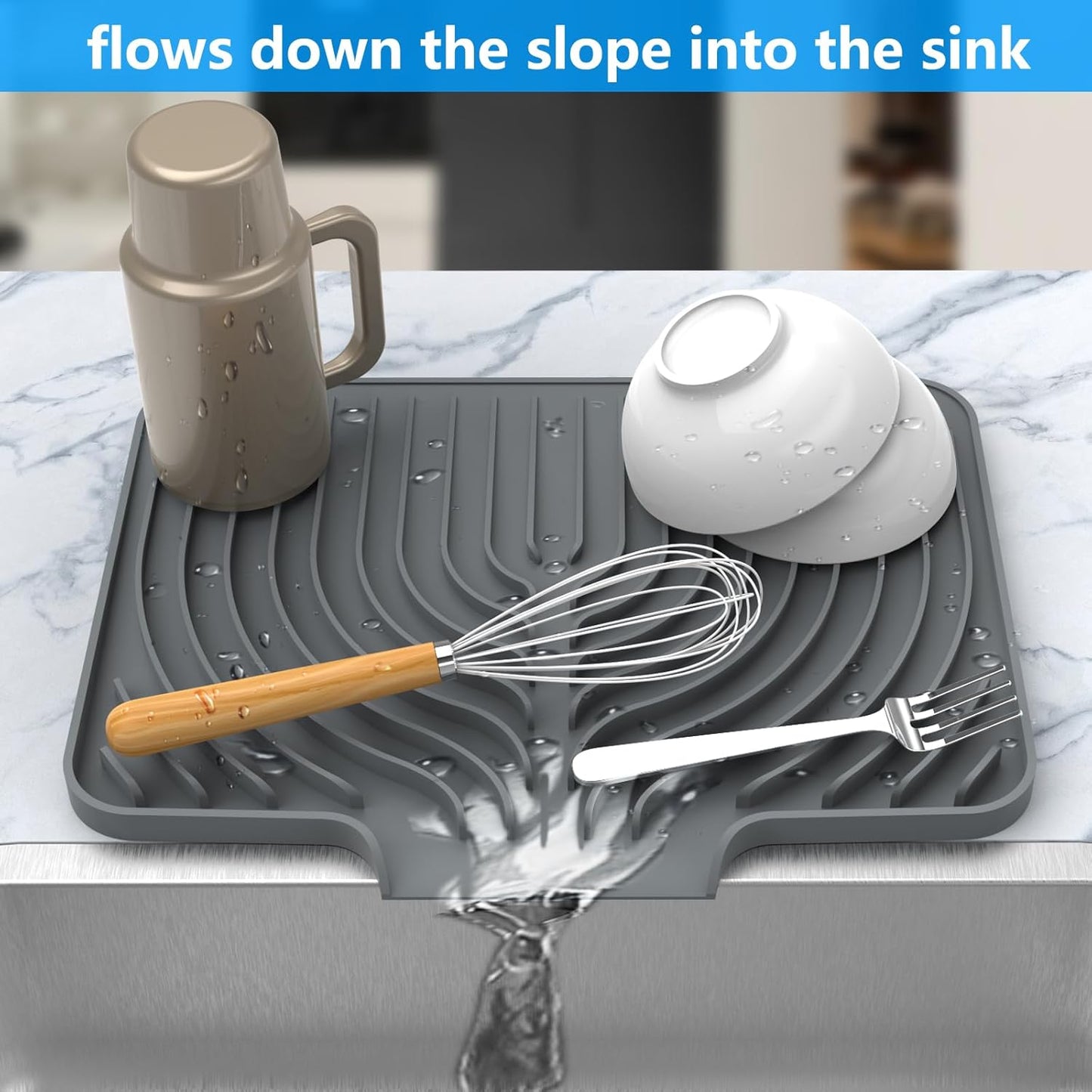 Dish Drying Matt for Kitchen Counter,14.6"×11"Silicone Dry Rack Mat with Built in Drain, Kitchen