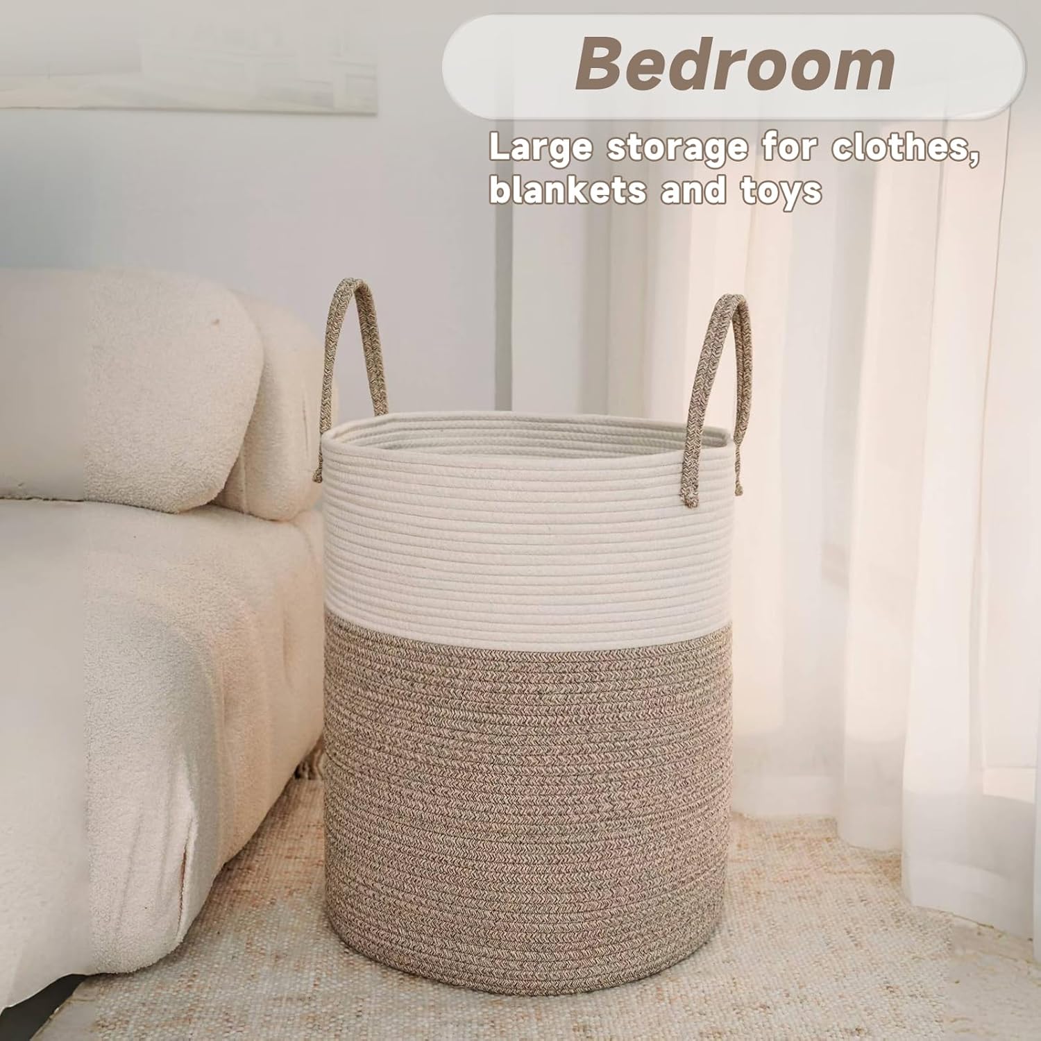 Large Woven Laundry Basket Hamper,80L Cotton Rope Storage Bin for Blankets,Toys and