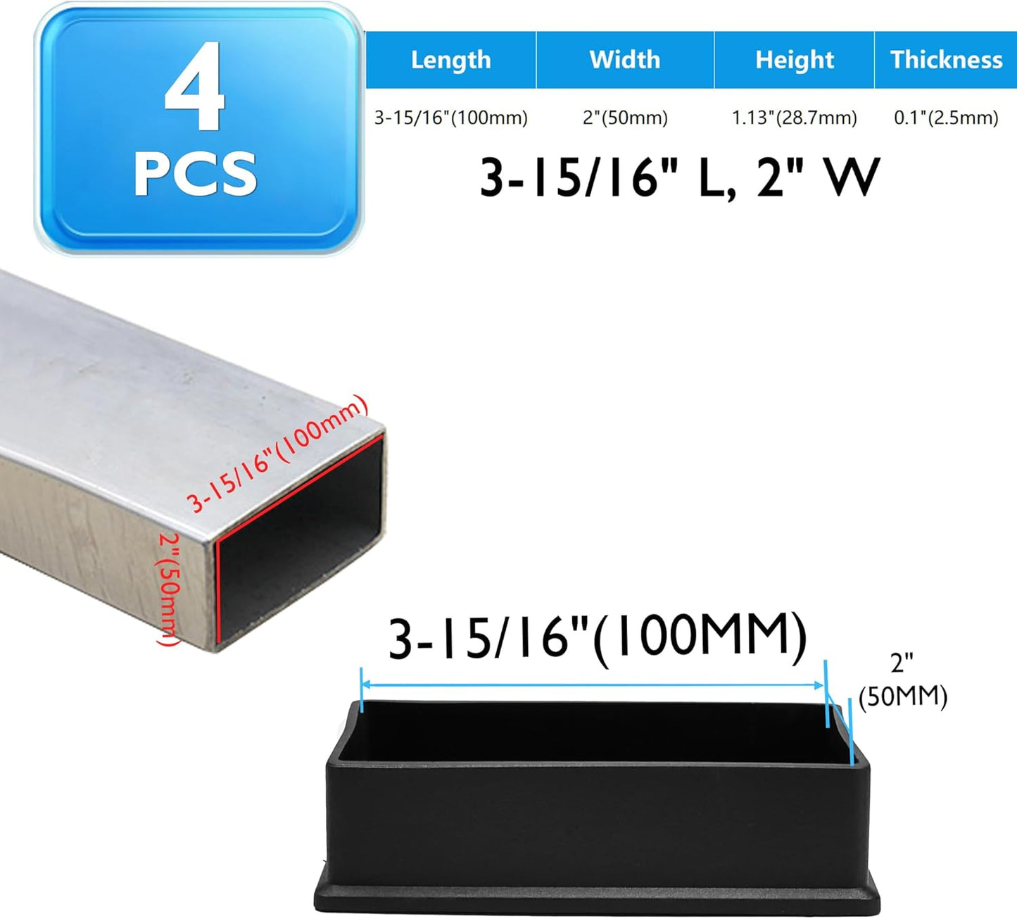 4 Pcs 2" x 4" Rectangular Rubber Chair Leg Caps, PVC Table Leg Covers, Flexible & Anti-Slip