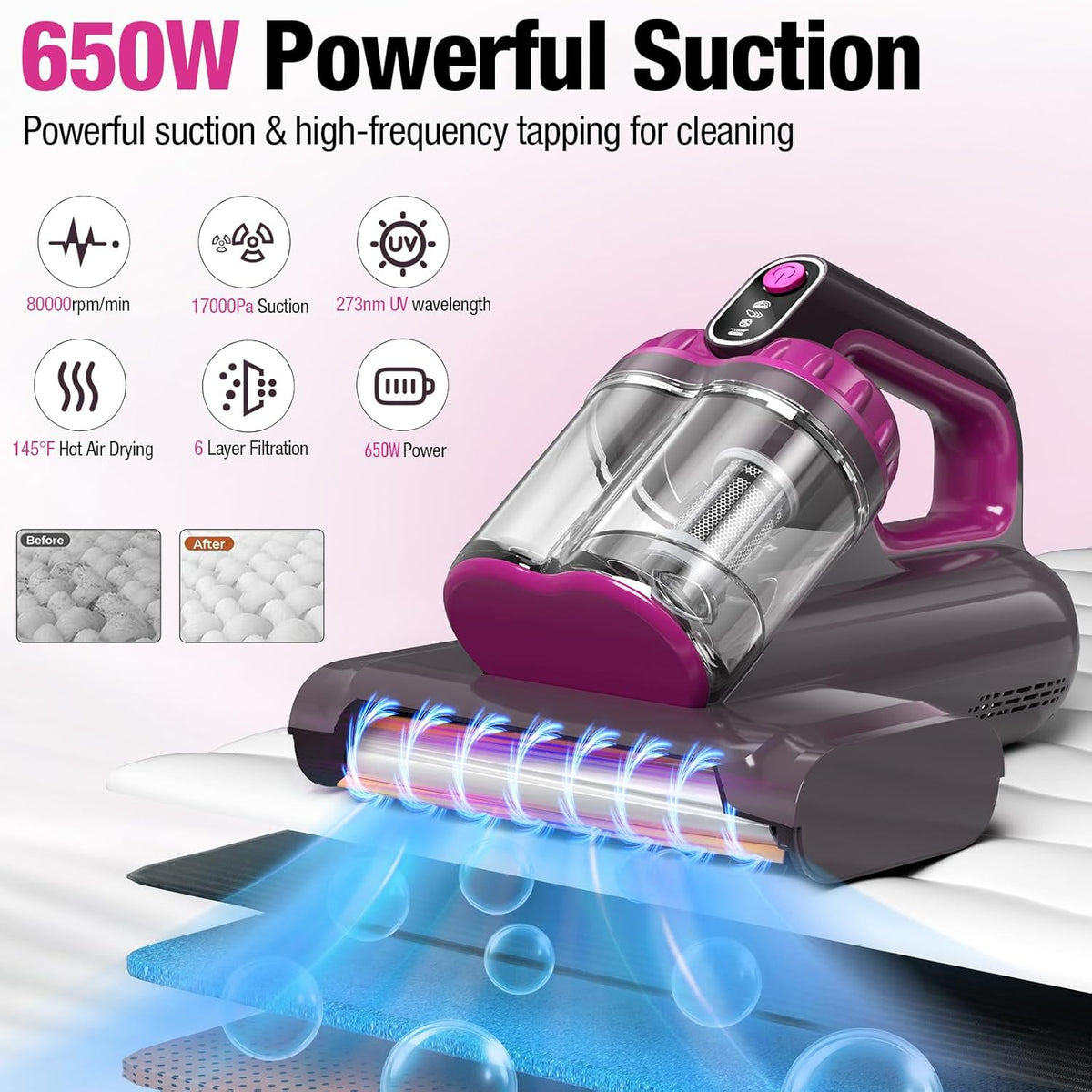 Mattress Vacuum Cleaner, 17Kpa 650W Bed Vacuum Cleaner, 273nm UV-C Light & Ultrasonic 145°F