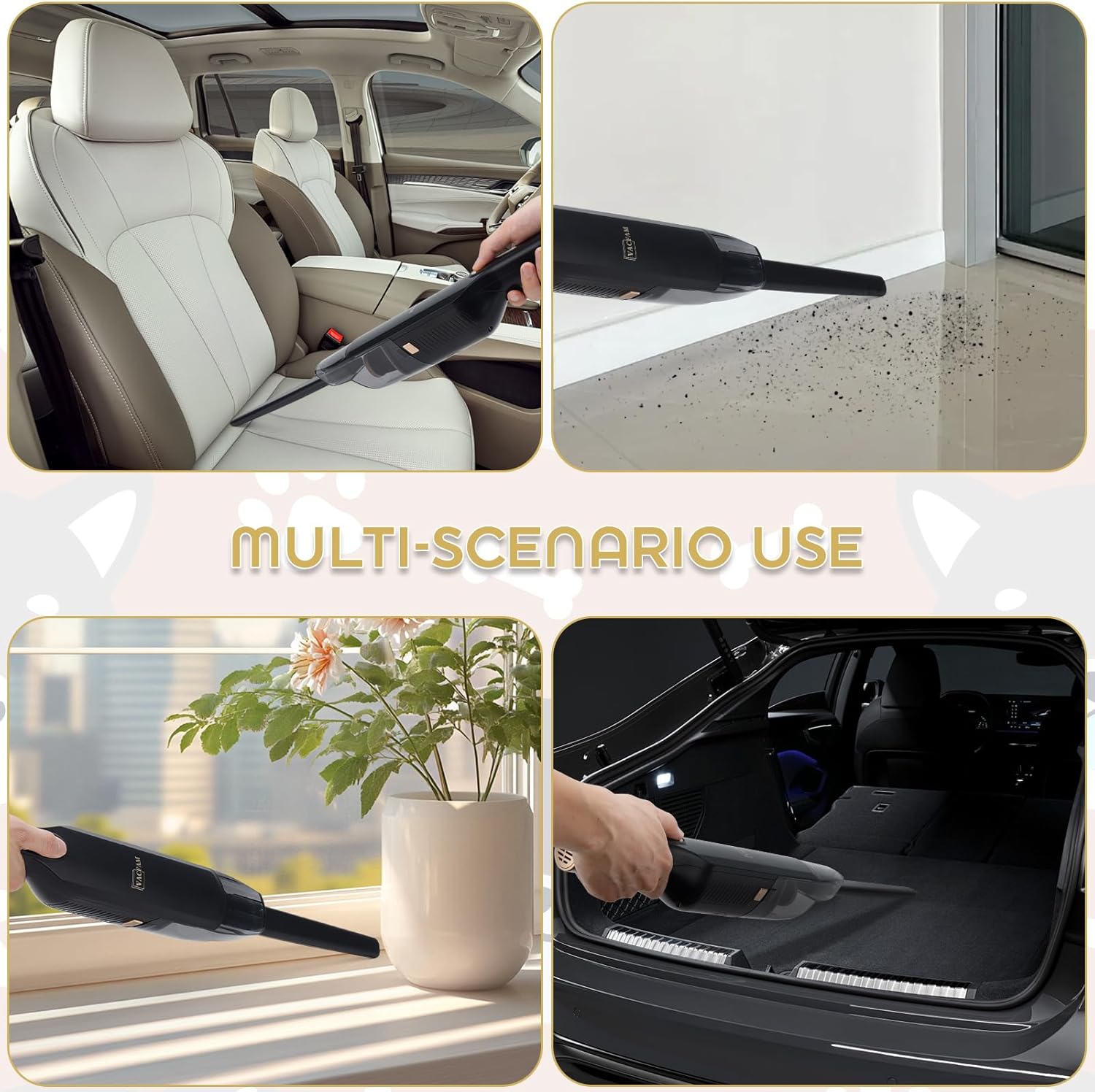 Handheld Vacuum Cordless, High Power Suction, USB Quick Charge, Car Vacuum Cleaner with Storage