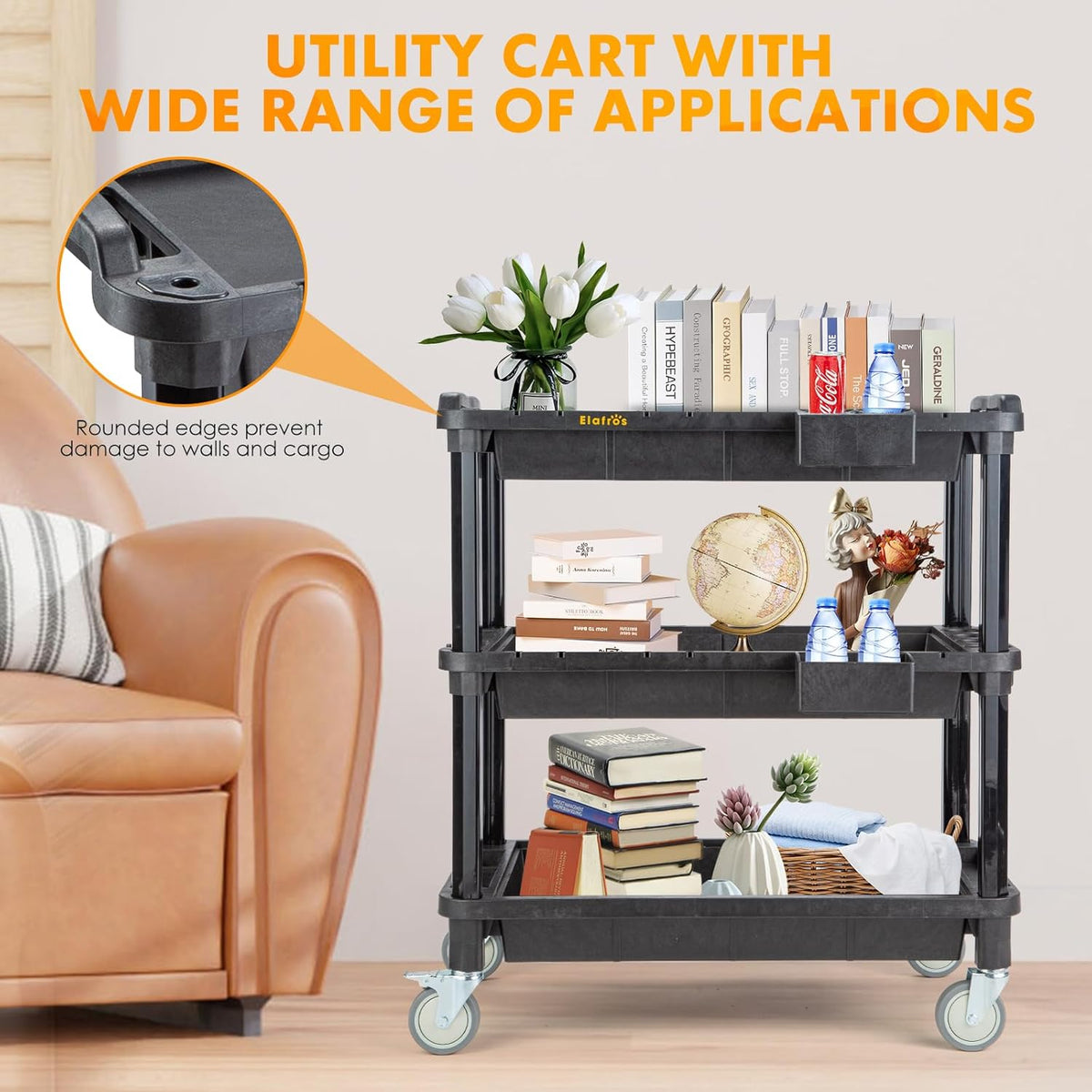 ELAFROS Multi-Use Utility Cart - 32.4x18.3 Heavy-Duty Service Cart with 3 Deep Shelves