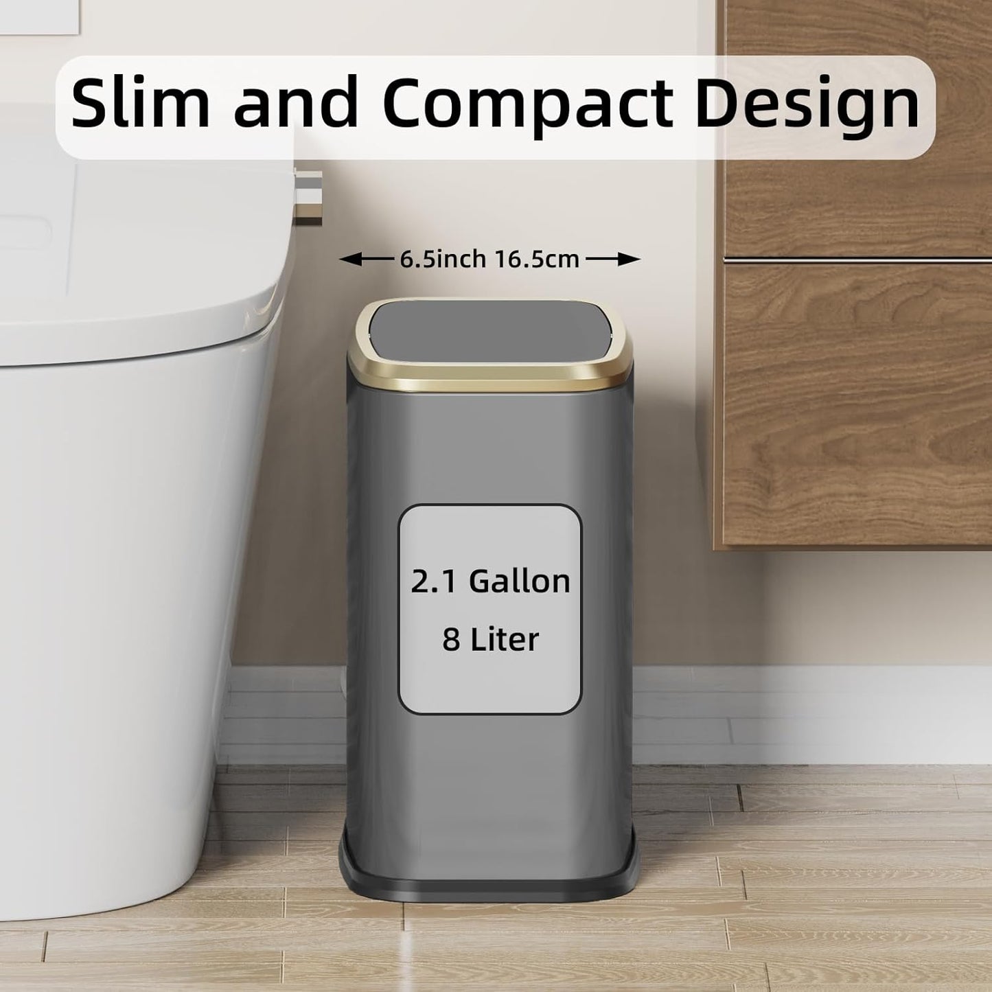 8L/2.1 Gal Small Bathroom Trash Can with Lid, Swing-Top Rectangular Waste Bin, Stainless Steel