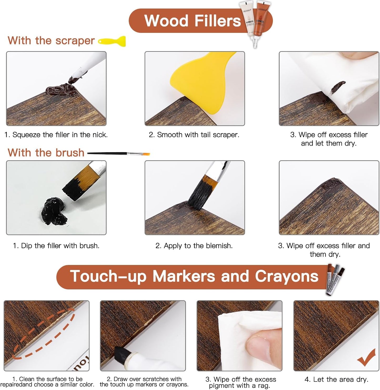 SEISSO Wood Furniture Repair Kit, 42 Pcs Wood Filler and Touch Up Markers with Wax Sticks, Vinyl