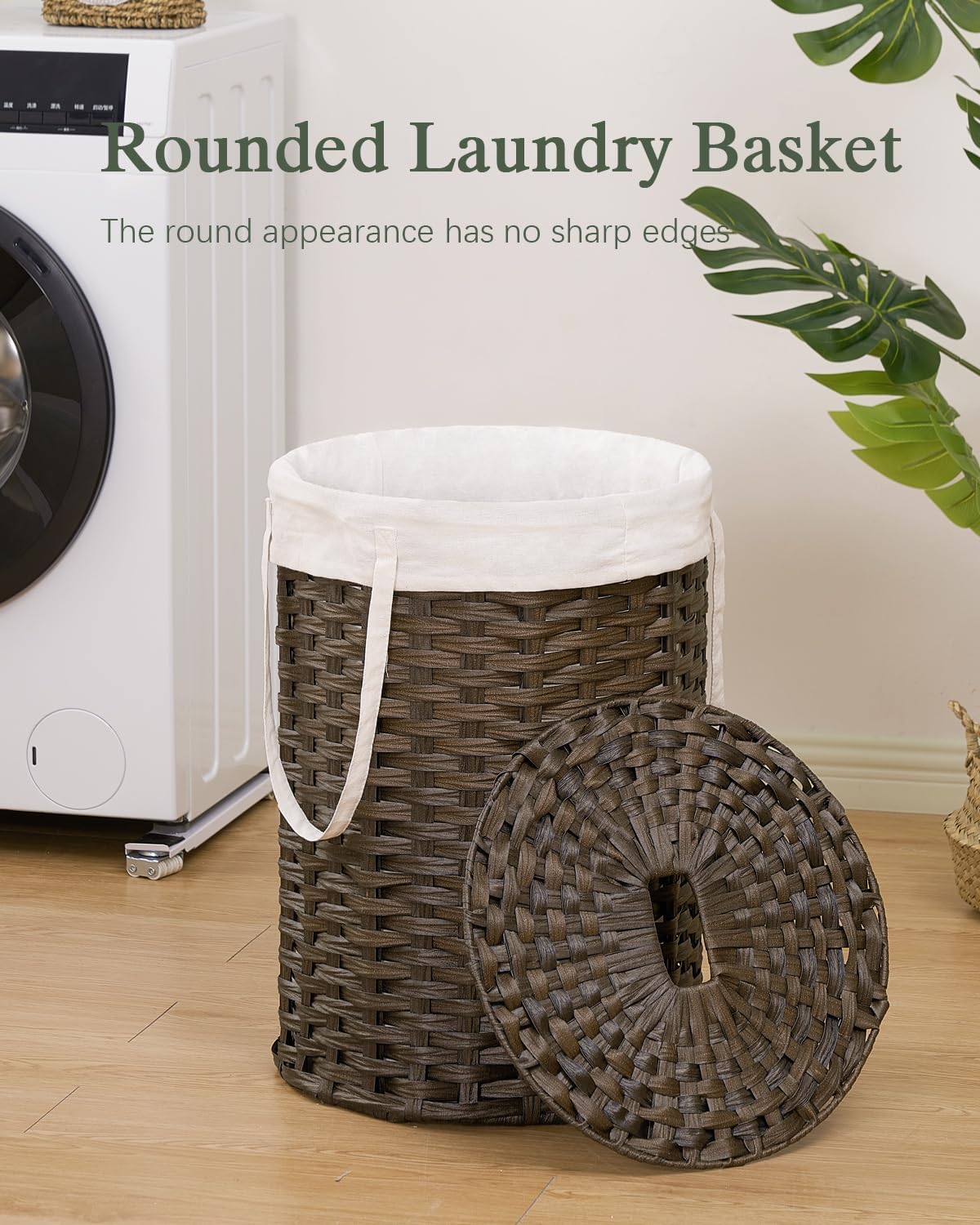 Laundry Hamper with Lid, 19.0 Gal (72 L) Round Wicker Laundry Basket, Handwoven Rattan Basket with