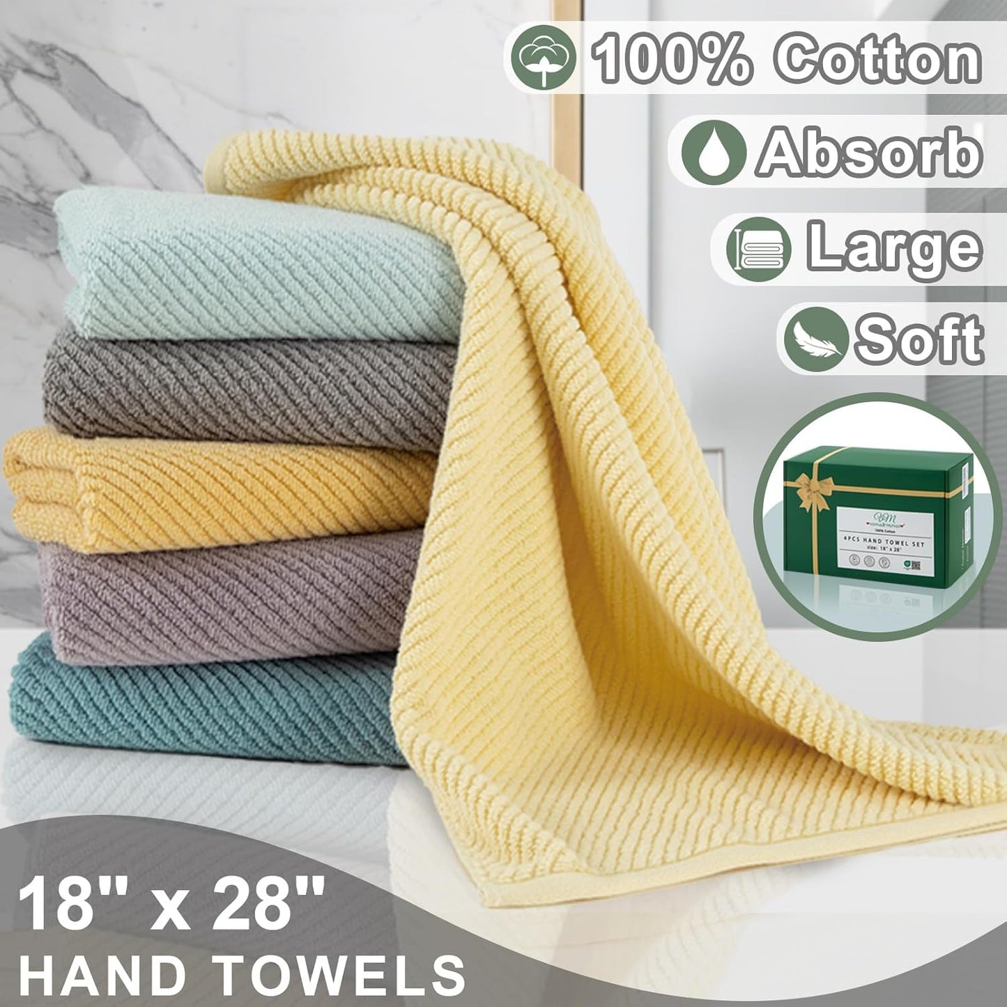 VOOVA & MOVAS Hand Towels for Bathroom Set of 4, Large 18" x 28", 100% Cotton | Lightweight | Thick
