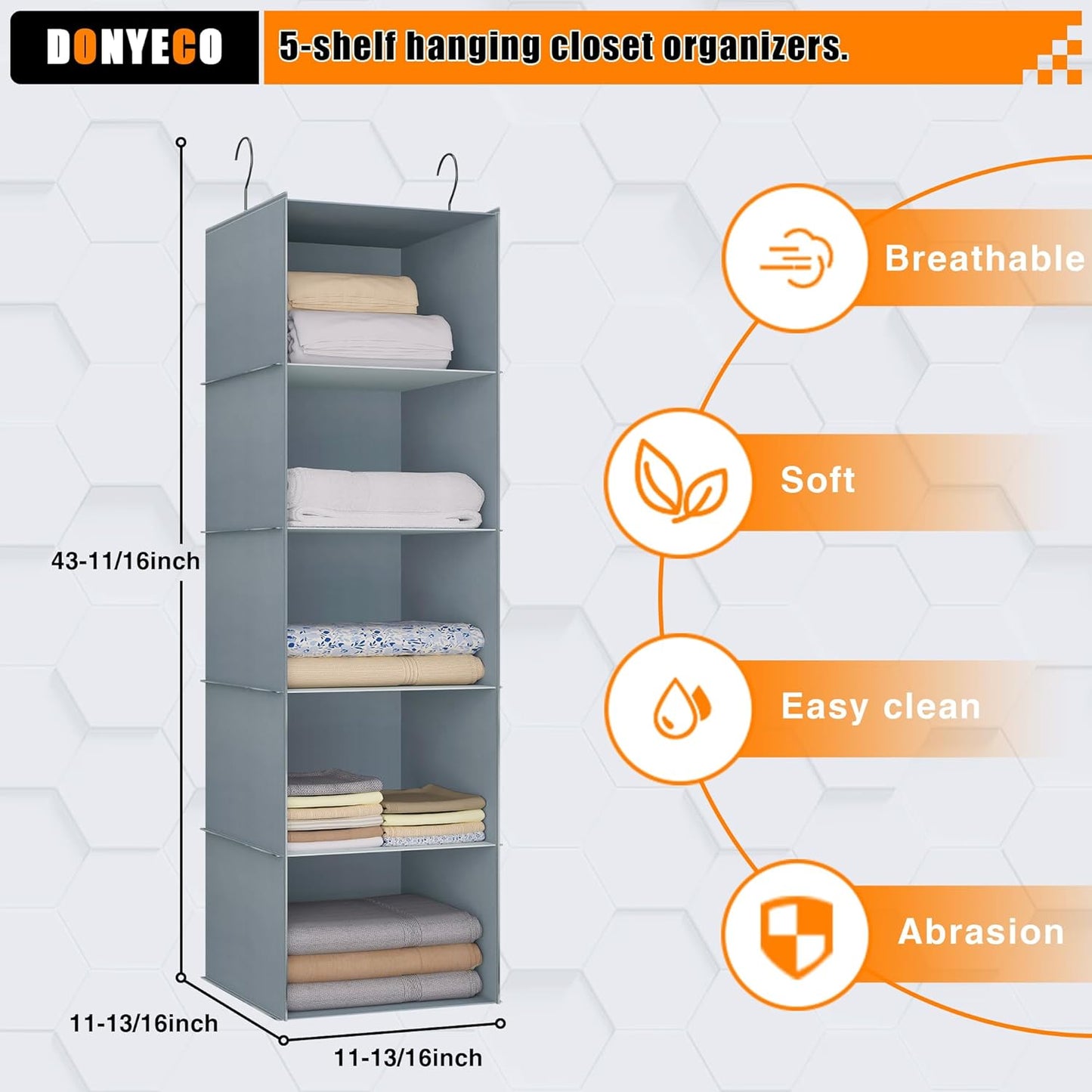 Hanging Closet Organizer 5-Shelf, Easy Mount Foldable Wardrobe Storage Shelves, Clothes Handbag
