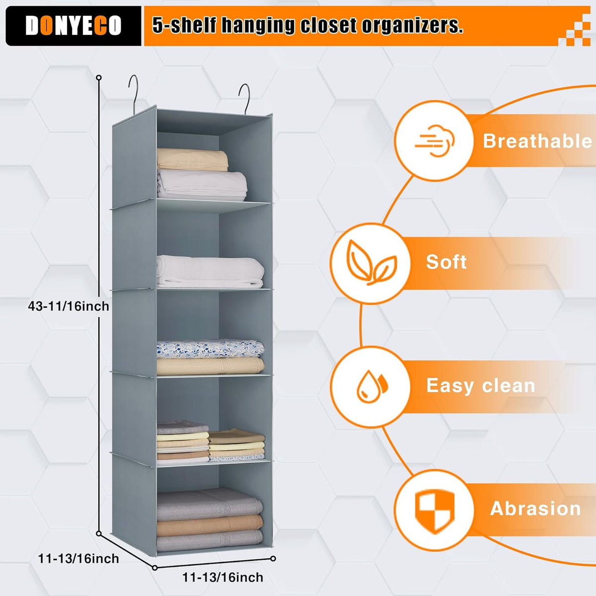 Hanging Closet Organizer 5-Shelf, Easy Mount Foldable Wardrobe Storage Shelves, Clothes Handbag