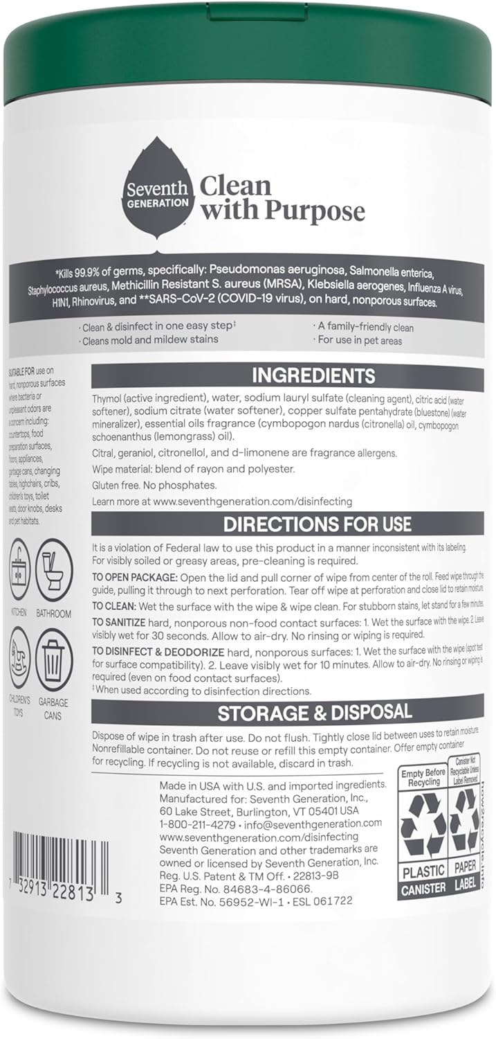 Seventh Generation Disinfecting Multi-Surface Wipes, Lemongrass Citrus, 70 Count, Pack of 3