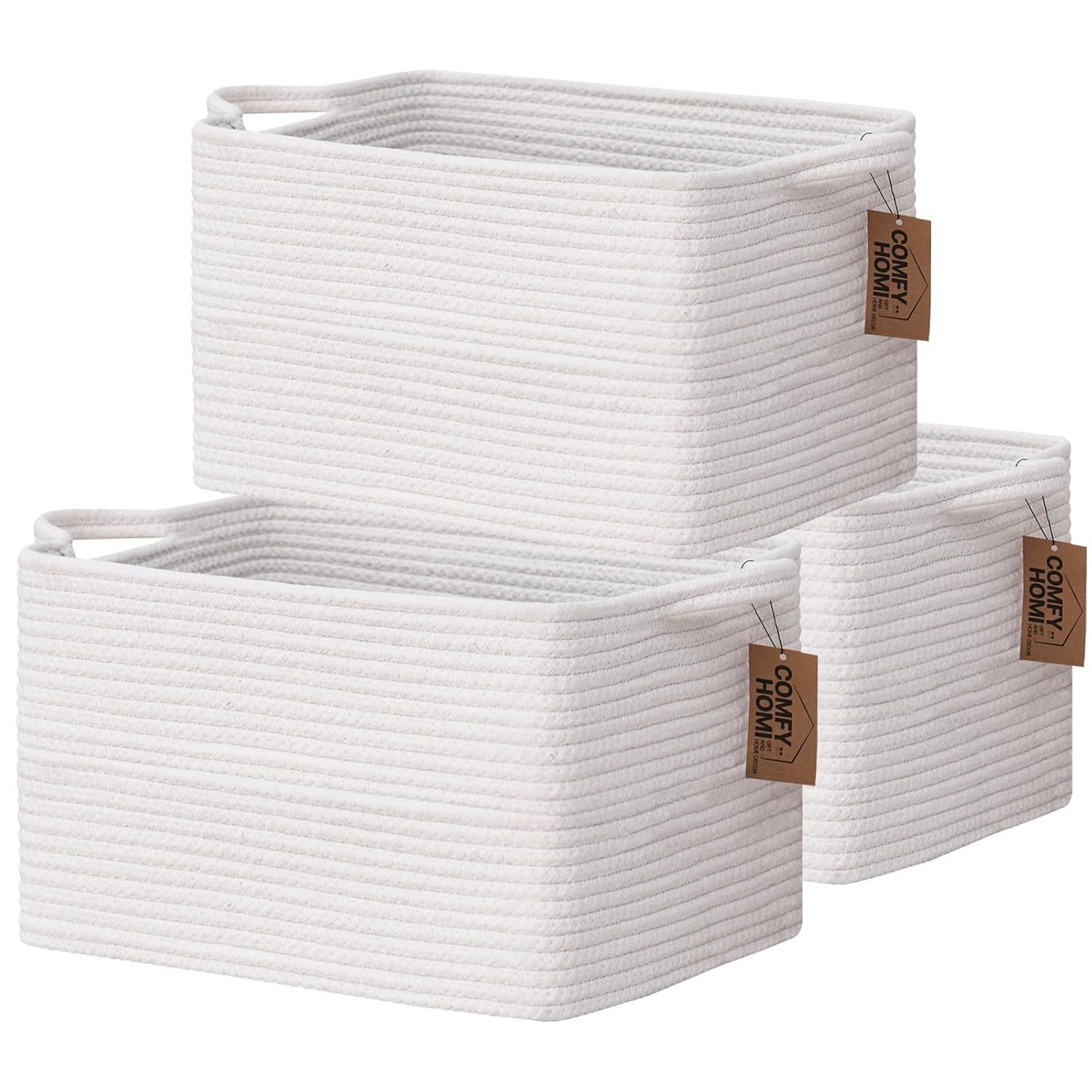 COMFY-HOMI 3PACK Cotton Rope Square Basket with Handles for Shelves|Dog Toy Basket Bin and