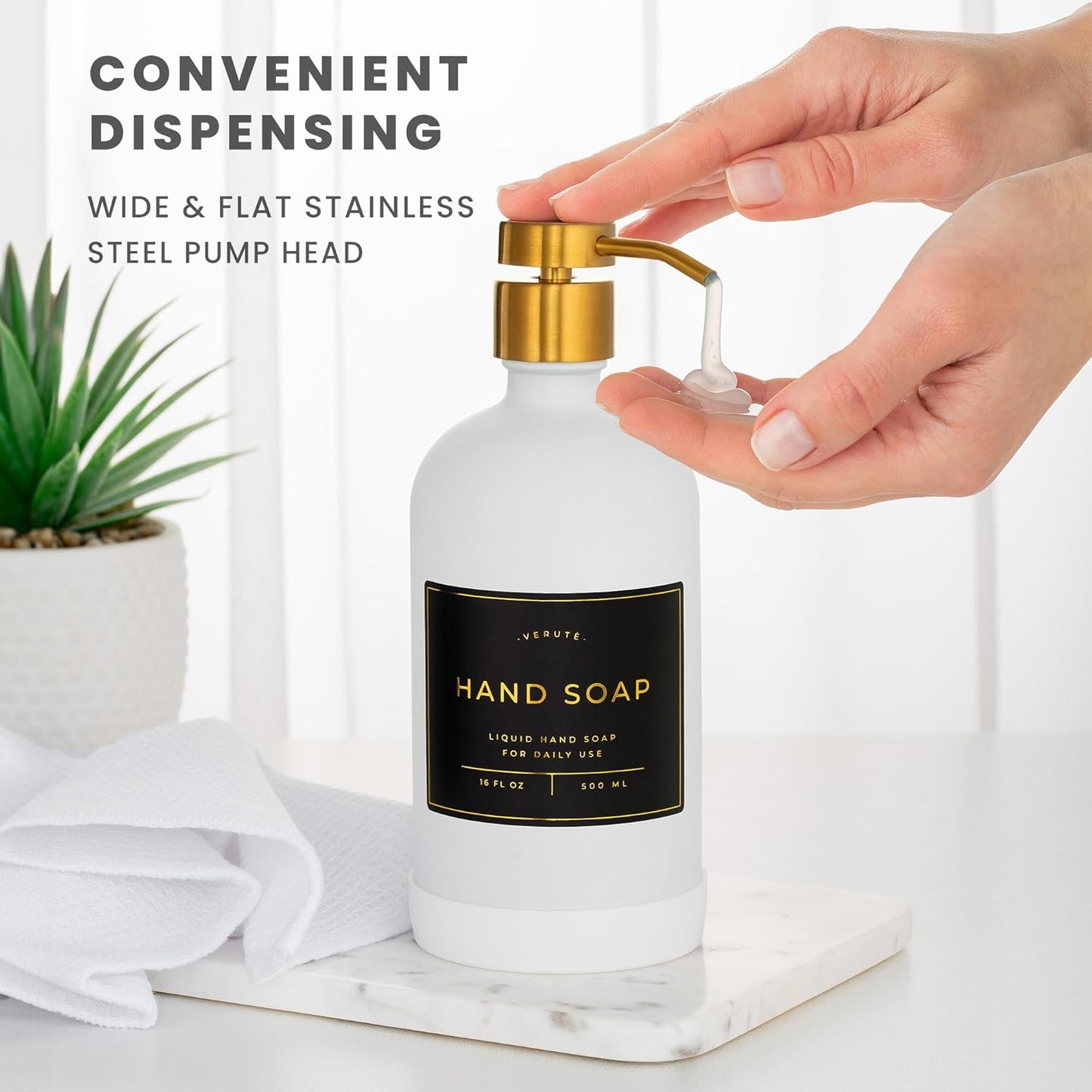 16oz Glass Soap Dispenser with Stainless Steel Pump, 21 Waterproof Labels, Non-Slip Protective