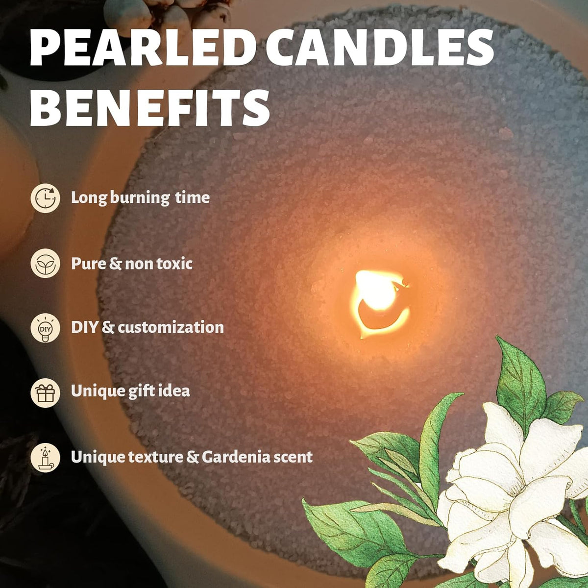White Pearled Candle 18oz Luxury Sand Candle Granulated Wax - 30 Cotton Wicks - Gardenia Scented